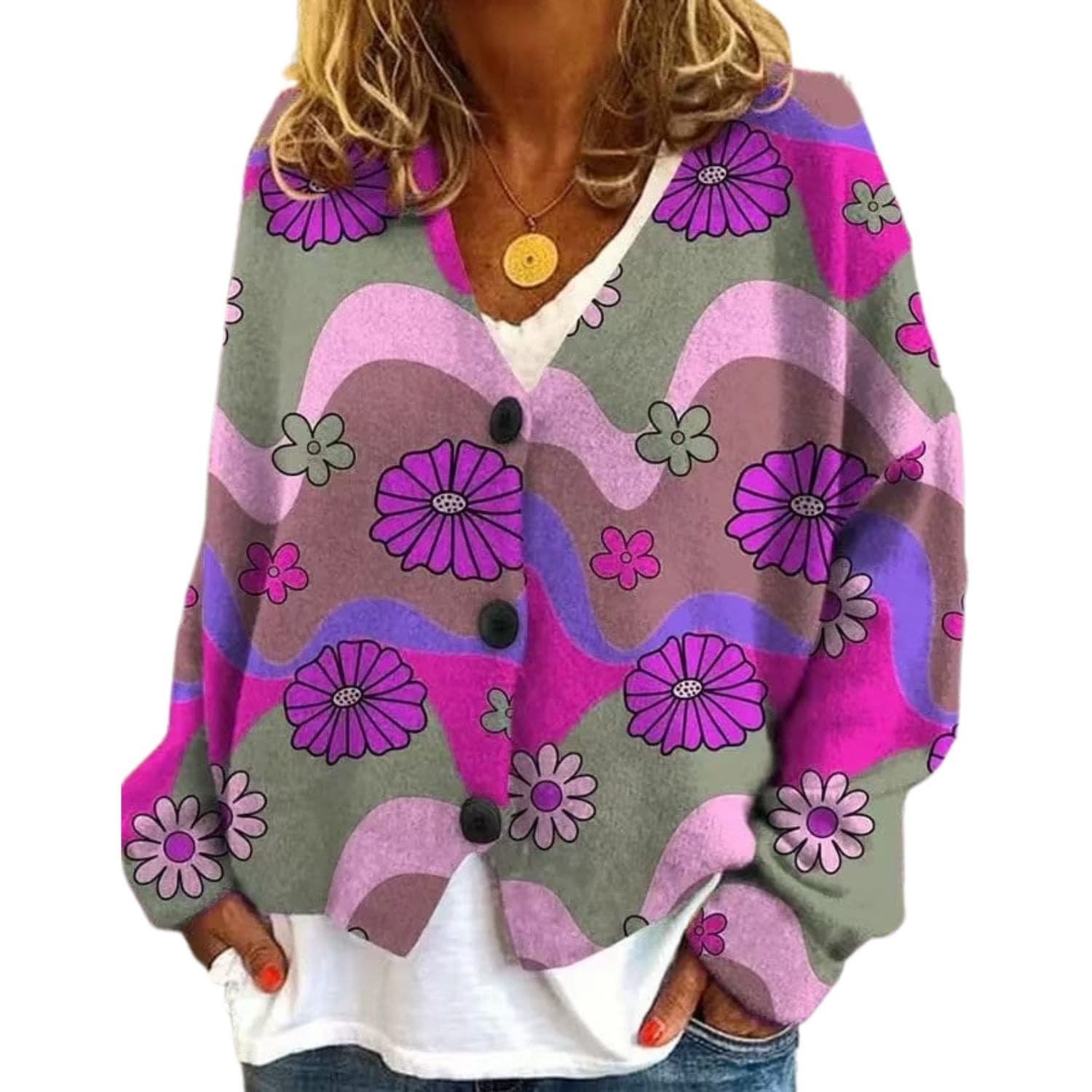 Women’s colorful floral knit cardigan in pink and grey with button front and oversized fit.