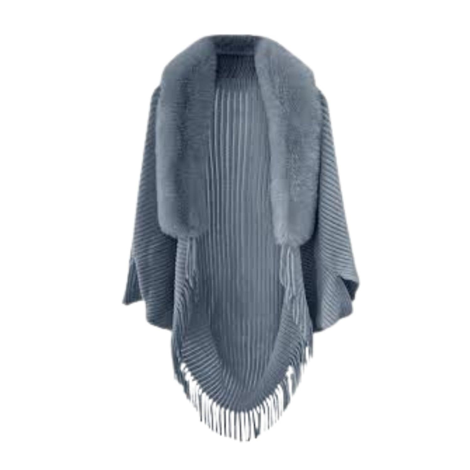 Grey faux fur trim knit shawl with fringe detailing displayed on hanger
