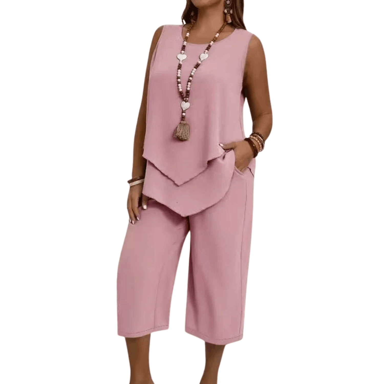 Women’s sleeveless layered top with matching wide-leg cropped pants two-piece casual outfit set featuring a relaxed fit and flowy silhouette in pink.
