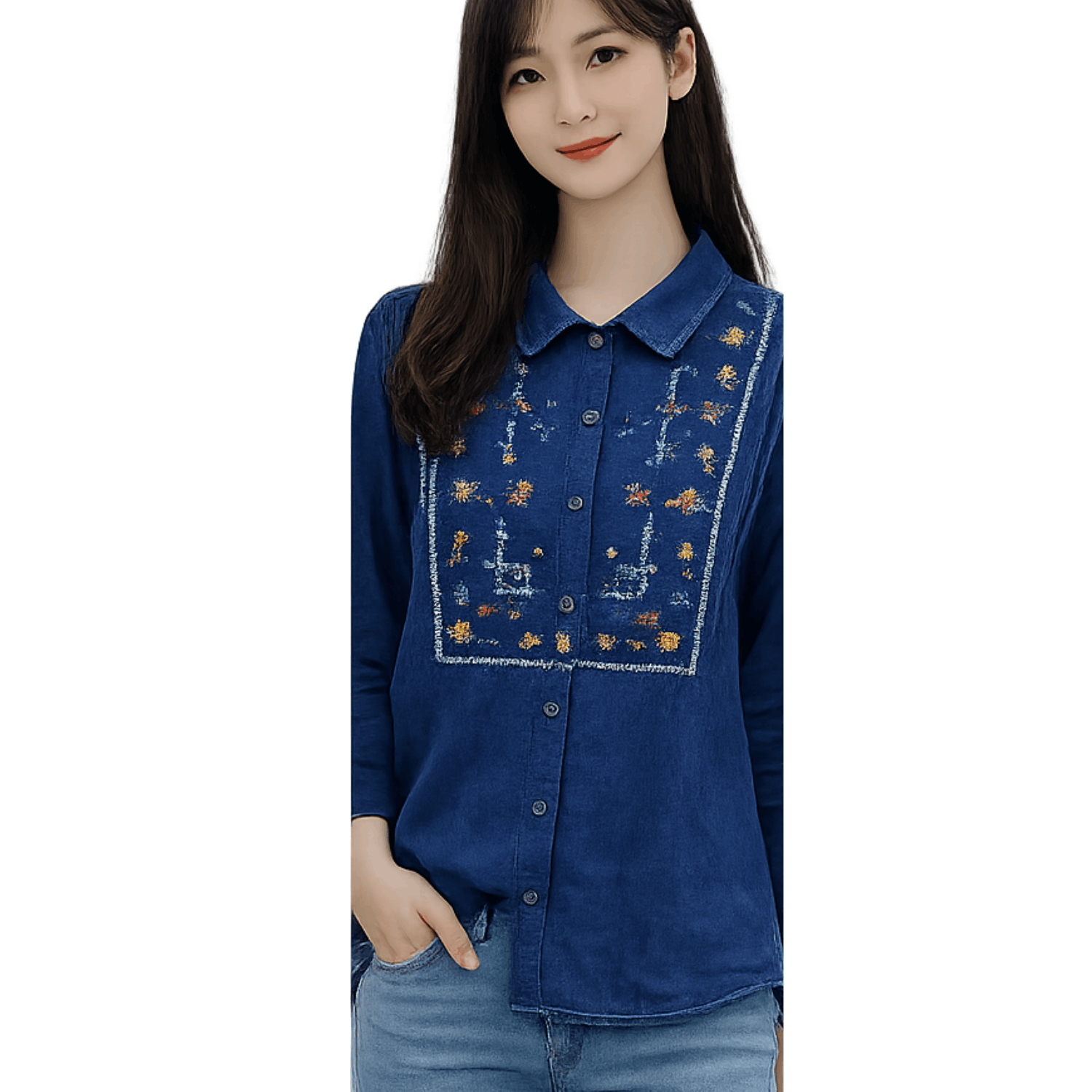 Woman wearing a navy blue embroidered button up blouse with floral embroidery detail and long sleeves