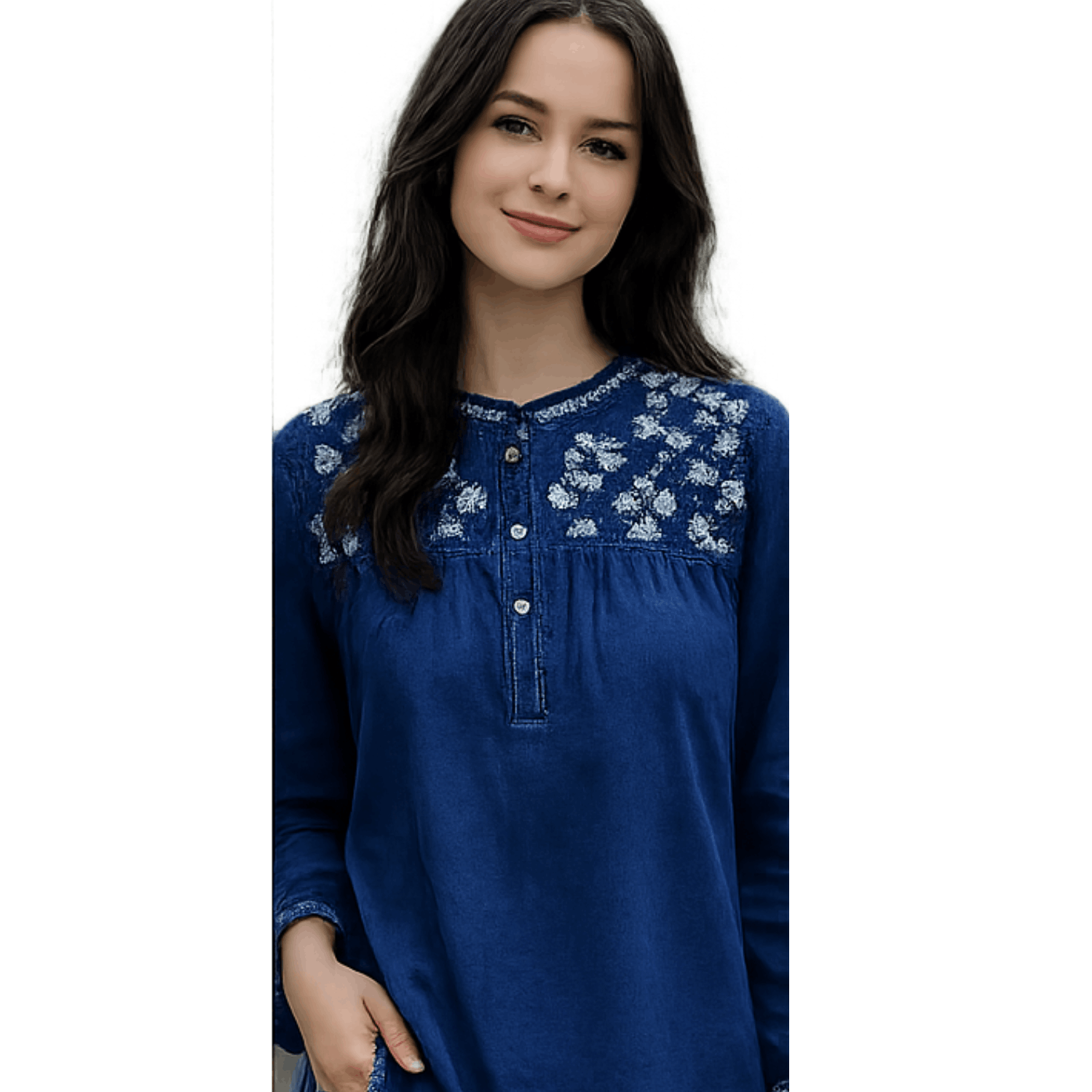 Woman wearing a navy blue embroidered long sleeve henley blouse with floral embroidery detail