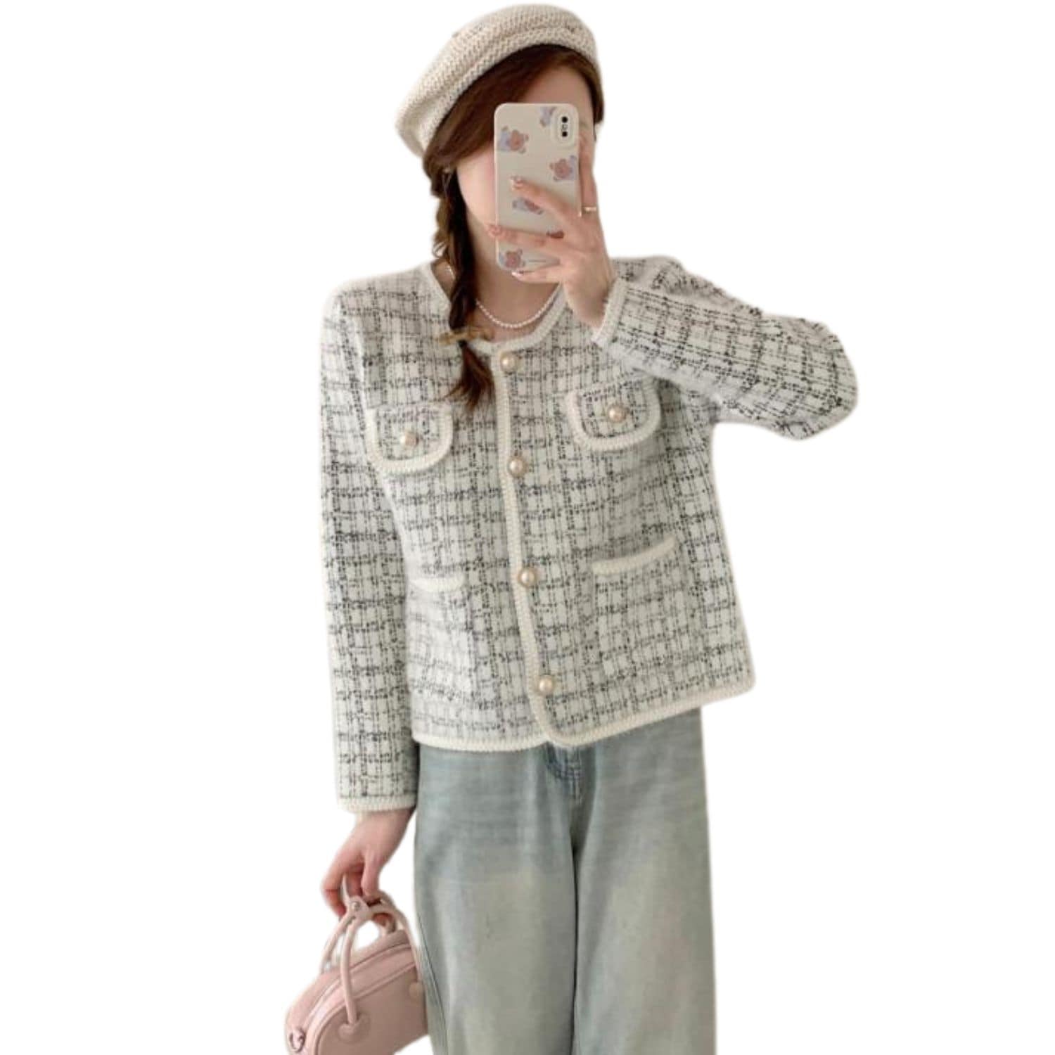 Women's Tweed Button-Up Jacket with Front Pockets