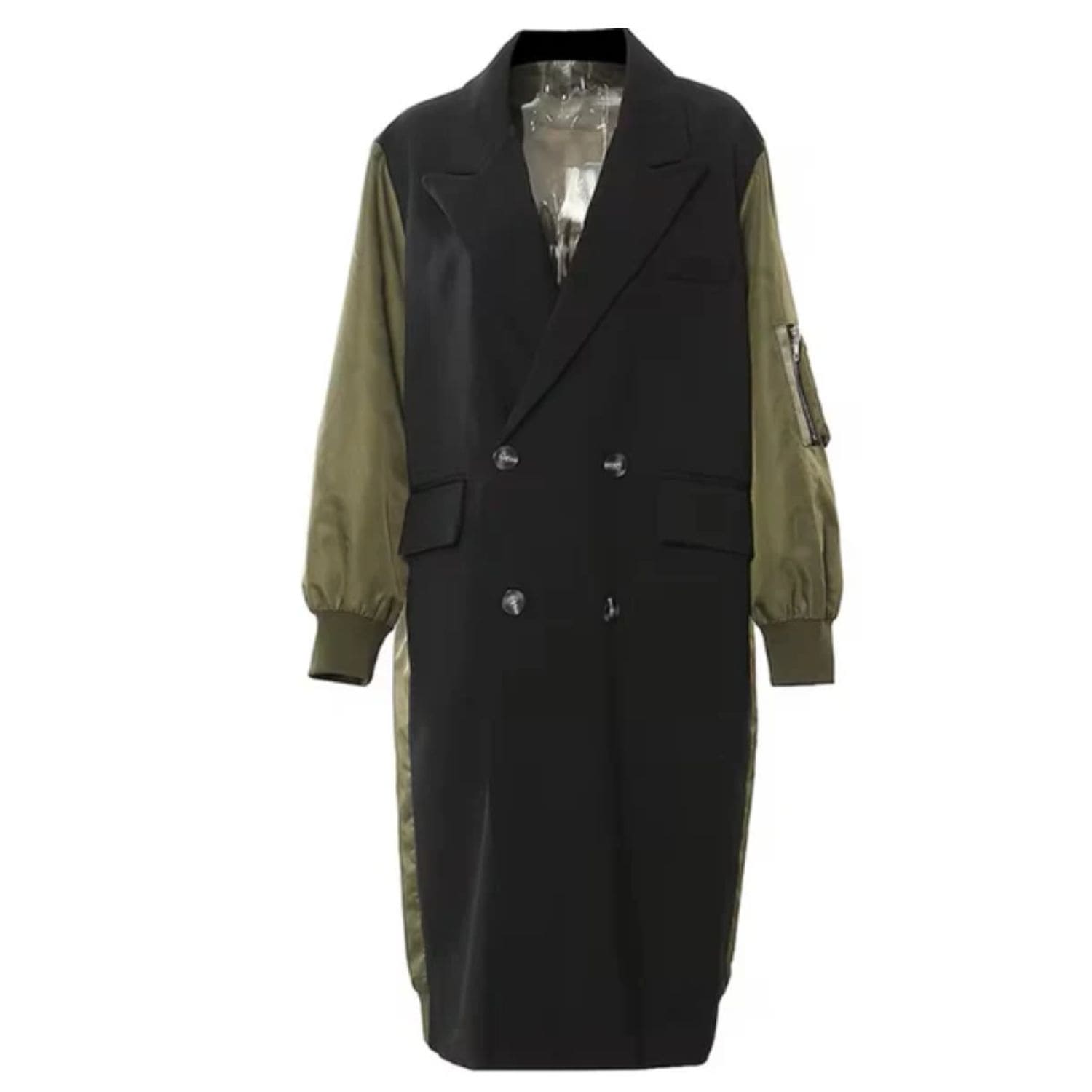 Women’s two-tone patchwork long coat with double-breasted front and bomber-style sleeves