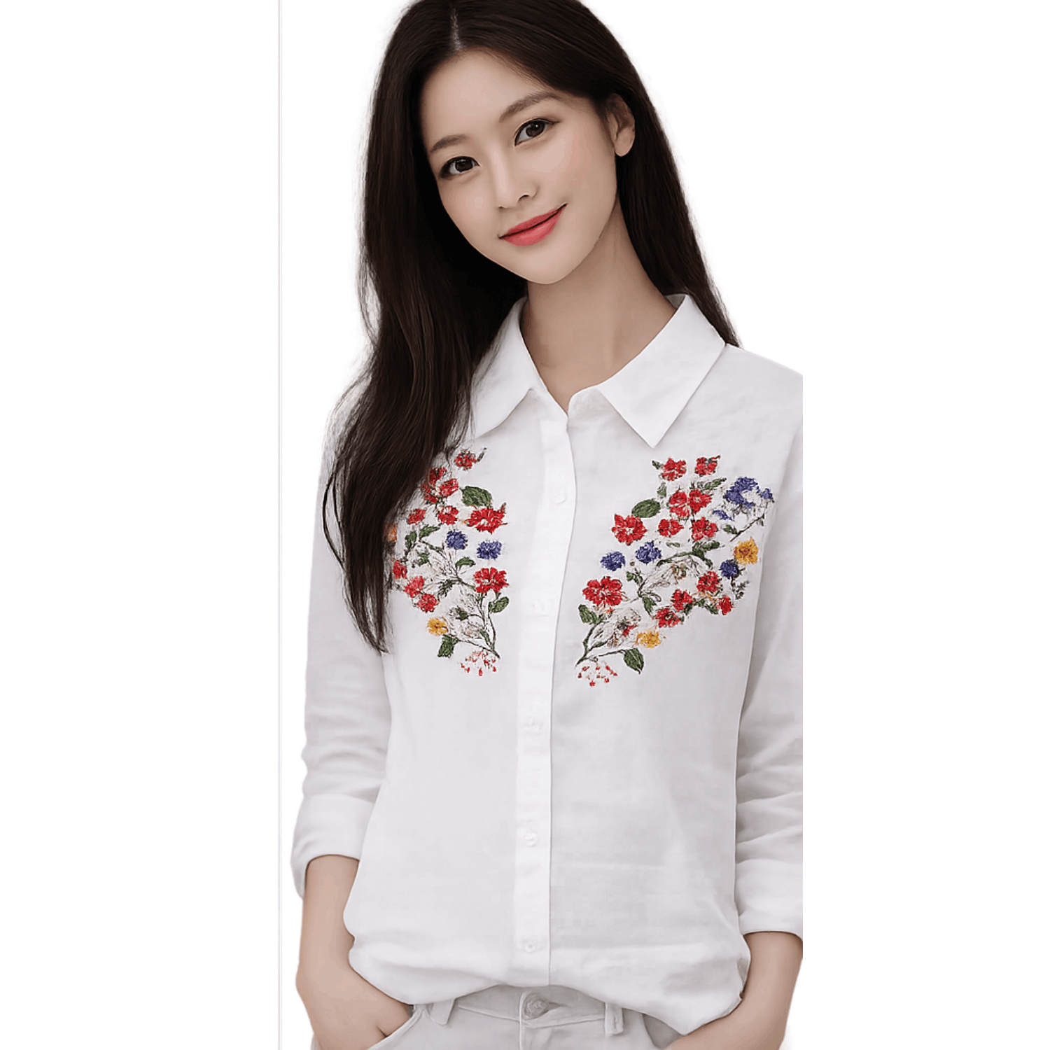 Woman wearing a white long sleeve button up blouse with colorful floral embroidery detail