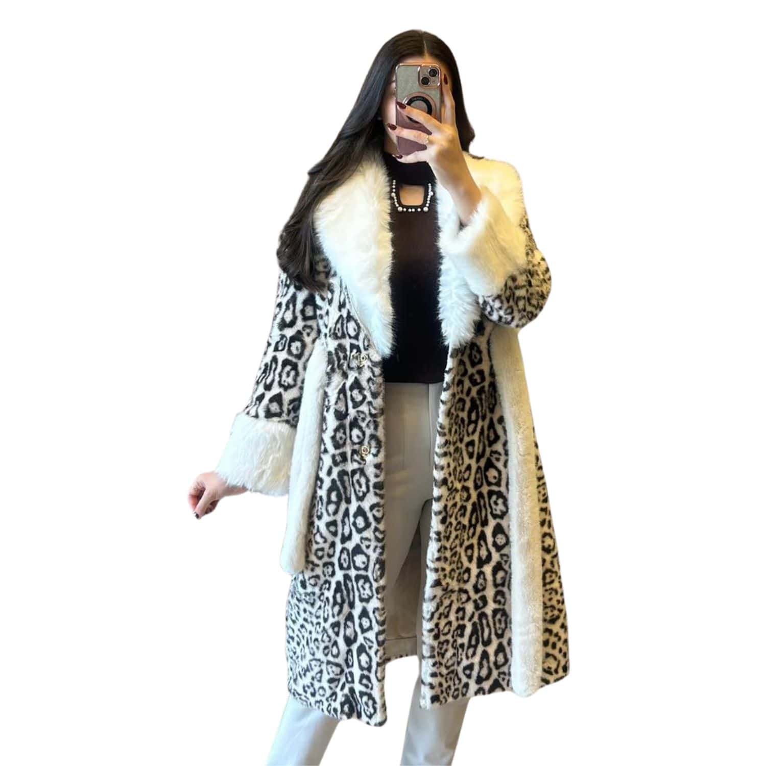 Woman wearing a long white faux fur coat with leopard print pattern and soft fluffy collar