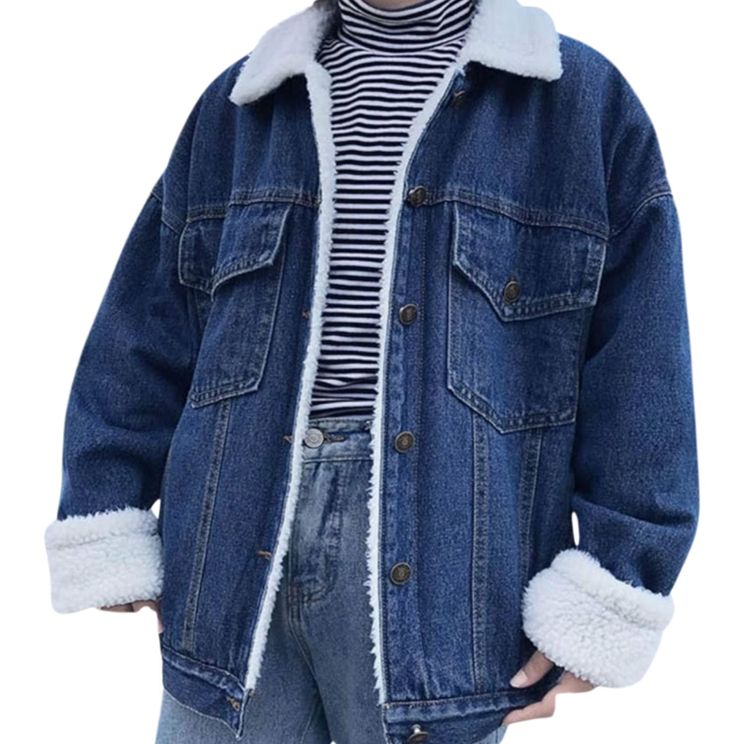 Women’s Sherpa-Lined Denim Jacket – Cozy Fleece Winter Jean Coat (Dark & Light Blue)