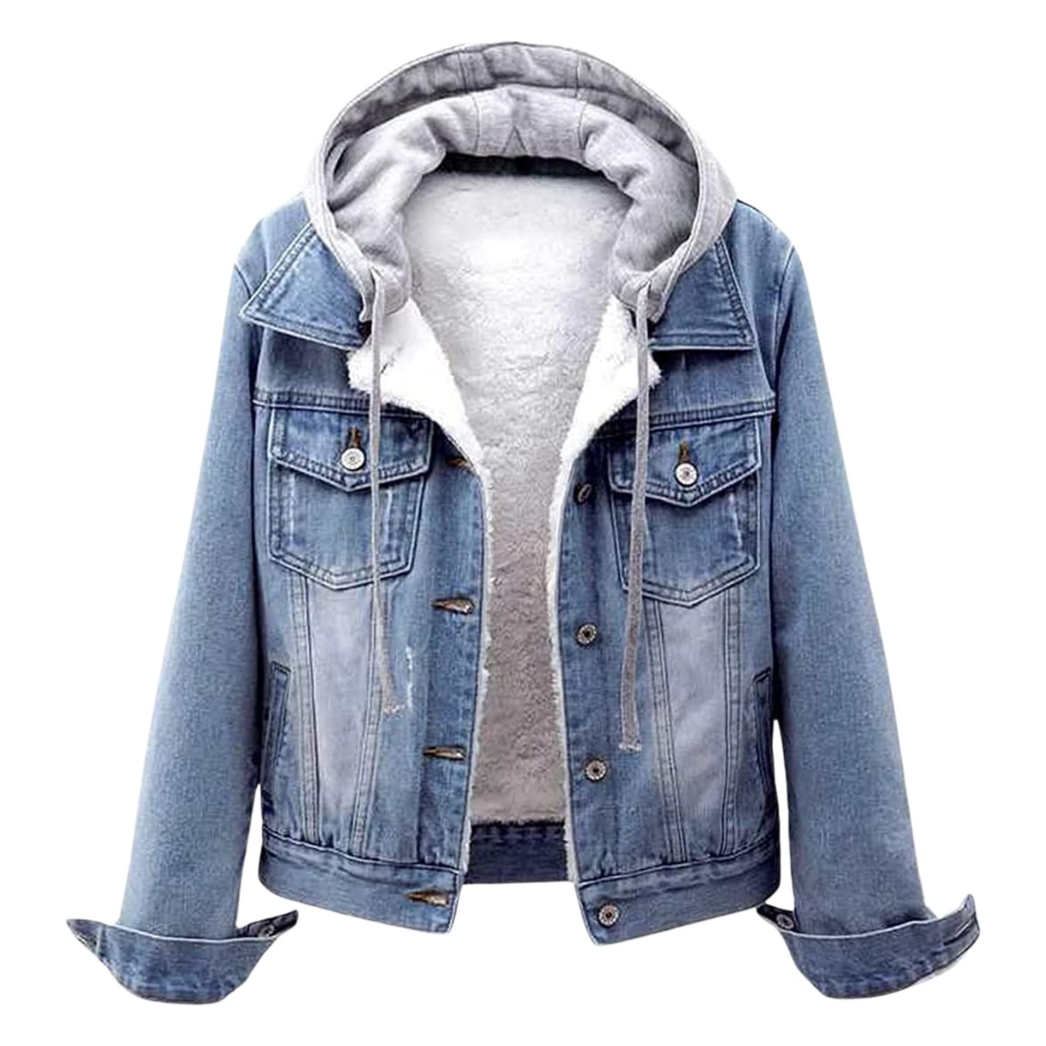 Women’s Fleece-Lined Denim Jacket with Grey Hoodie – Warm Winter Jean Coat