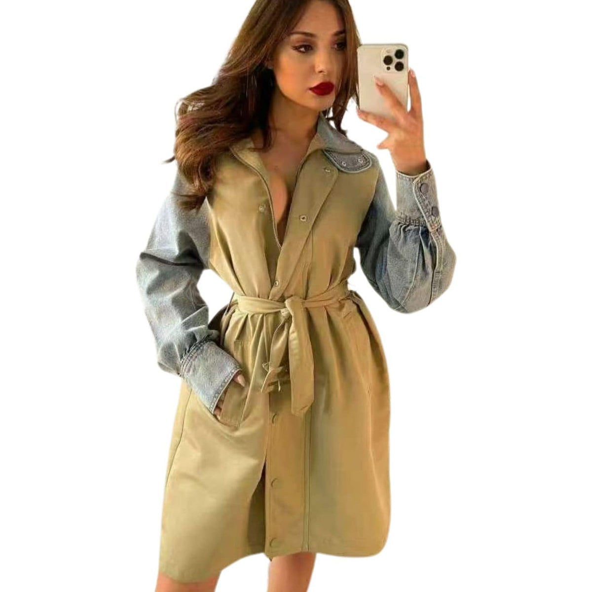Women's Two-Tone Trench Coat Dress Belted Button-Up Jacket Women's Two-Tone Trench Coat Dress Belted Button-Up Jacket
