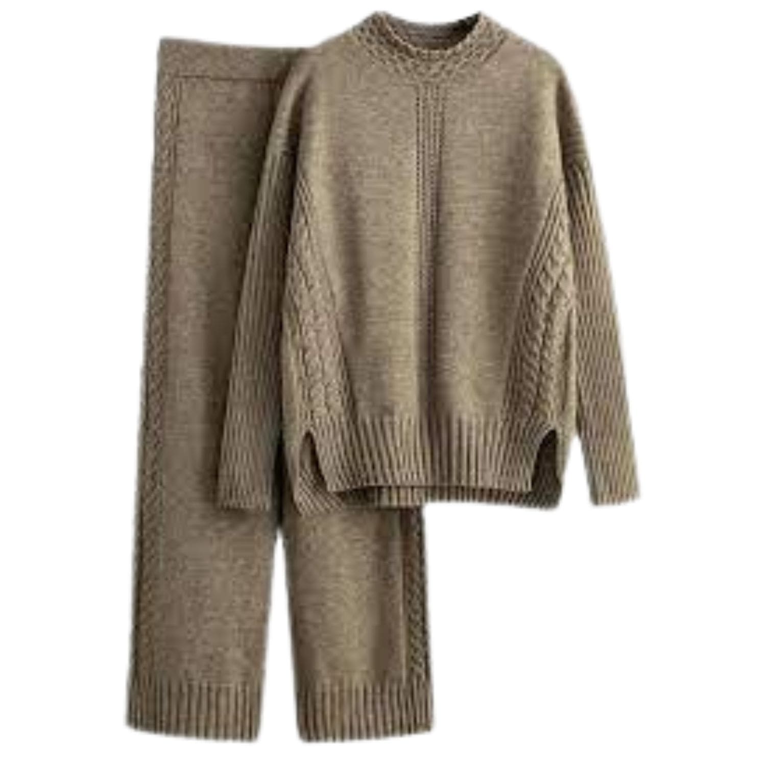 Women’s beige knit two-piece loungewear set with long-sleeve sweater and matching pants, ribbed and cable-knit design