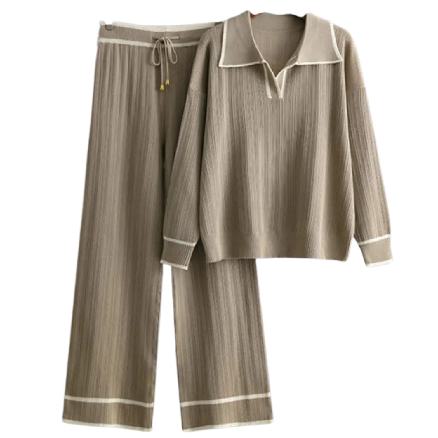 Beige ribbed knit two-piece lounge set with long-sleeve top and wide-leg pants featuring white contrast trim