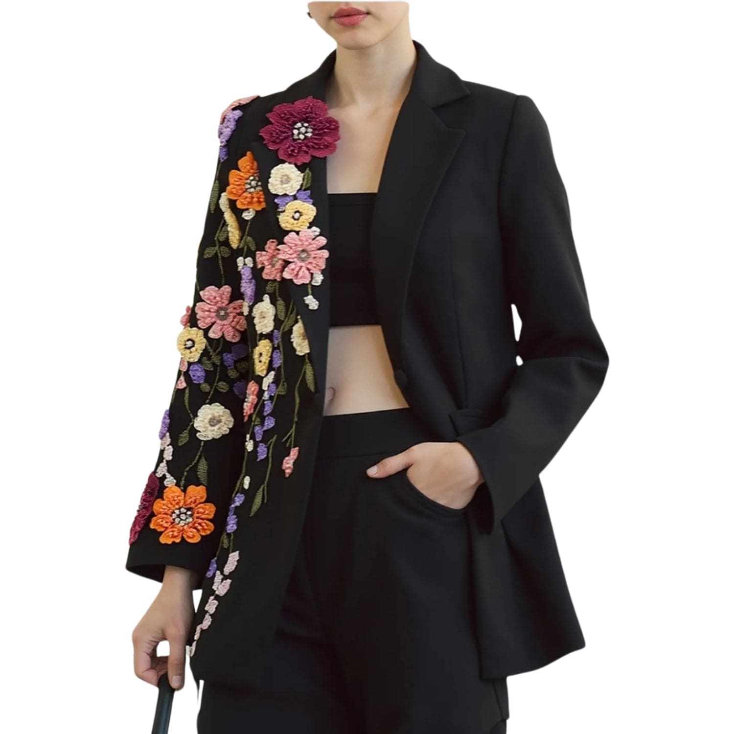 Black blazer with colorful floral embroidered statement sleeve on one side