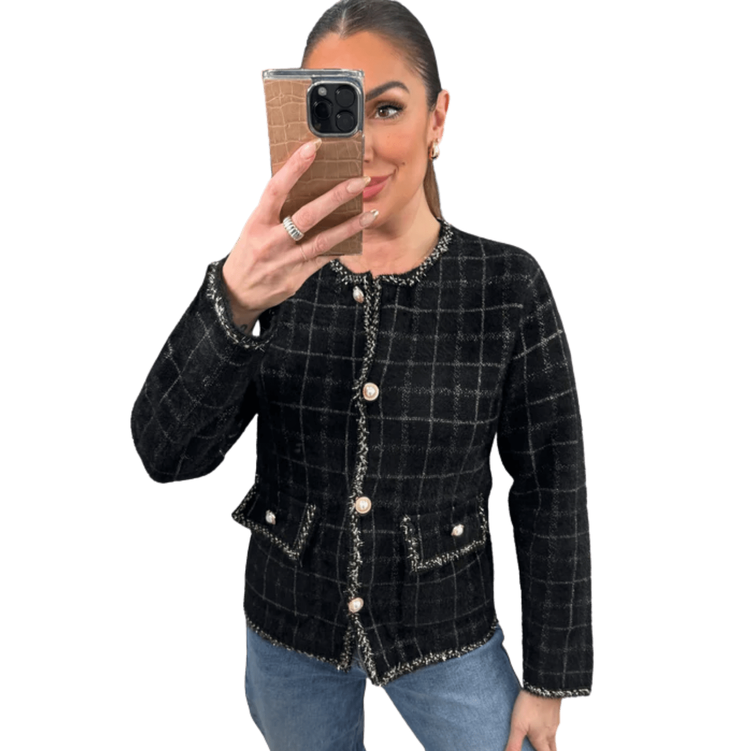 Black check tweed jacket with pearl buttons, frayed trim, and front patch pockets