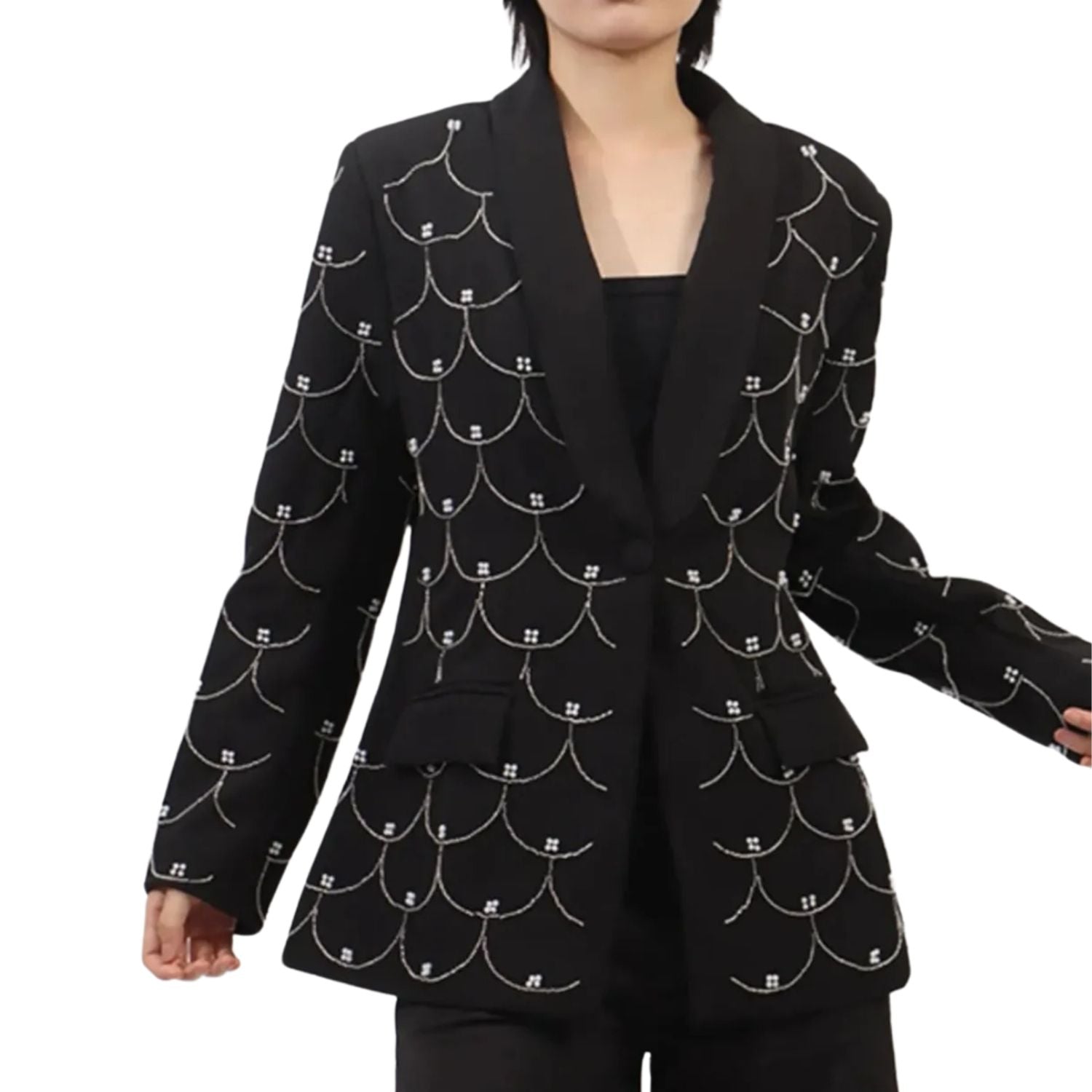Black women’s blazer with silver chain-style embellishment pattern on the front.