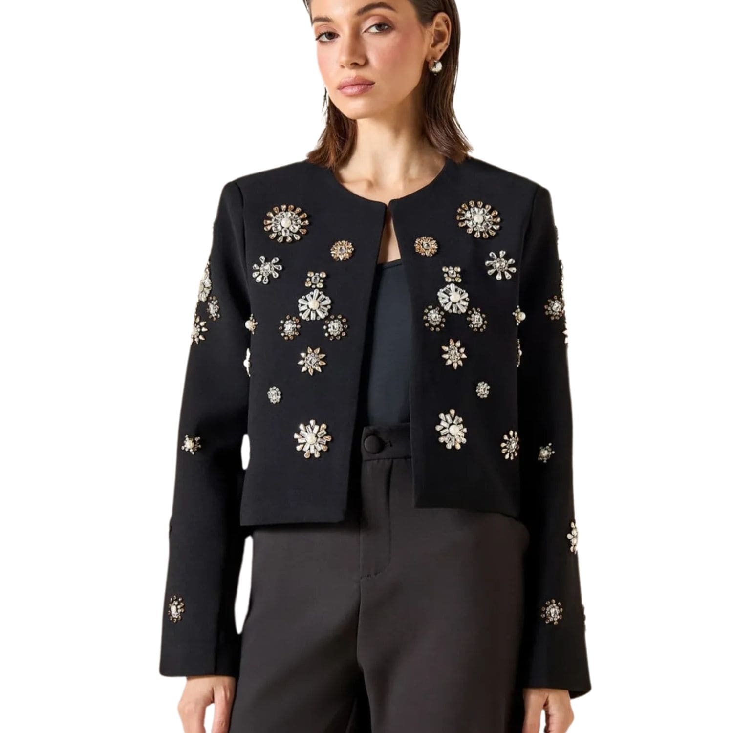 Black cropped jacket with crystal and floral embellished details on the front and sleeves