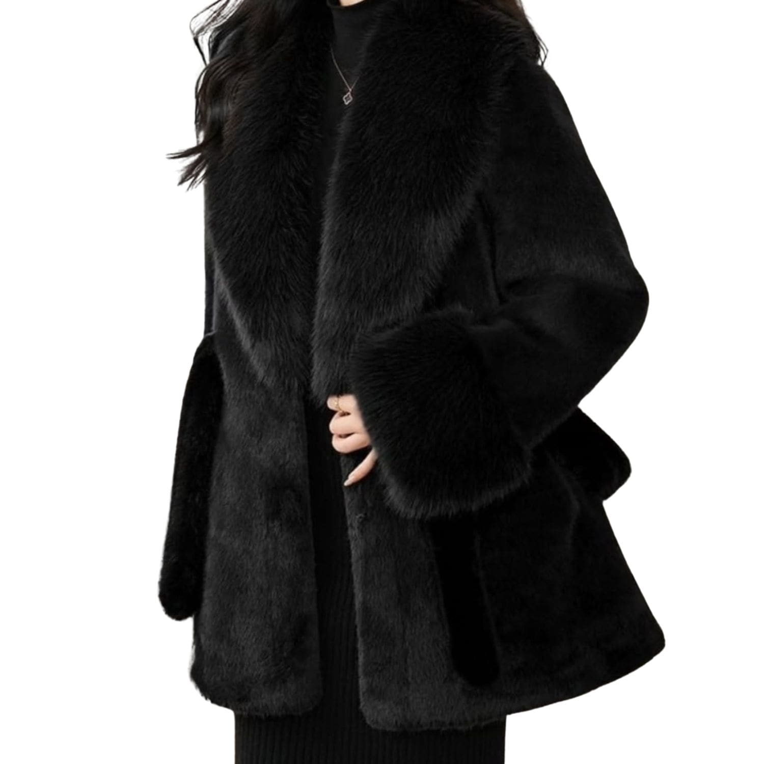 Black faux fur coat with oversized fluffy collar and wide fur cuffs