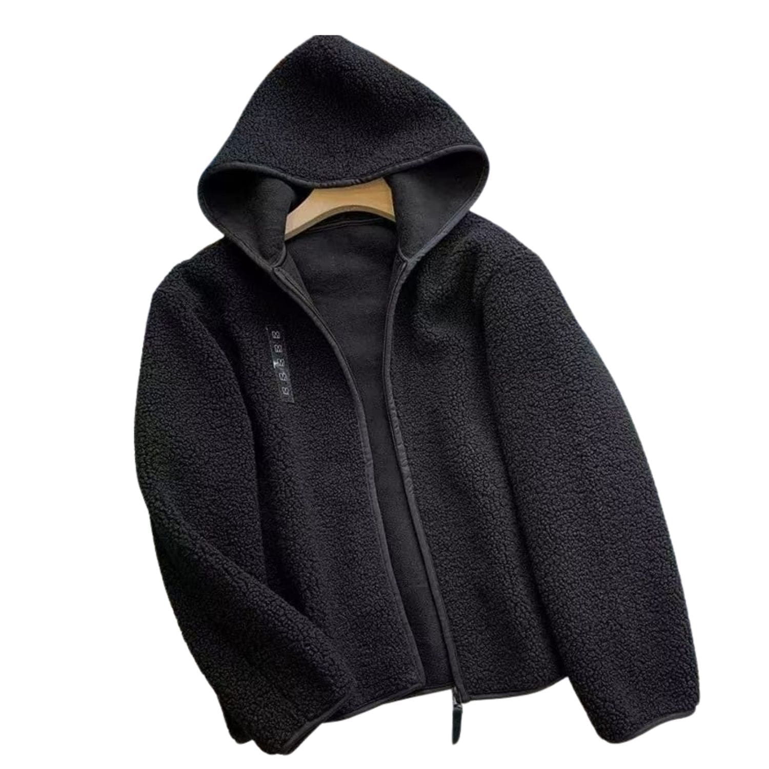 Women’s black fleece zip-up hoodie with soft sherpa texture.