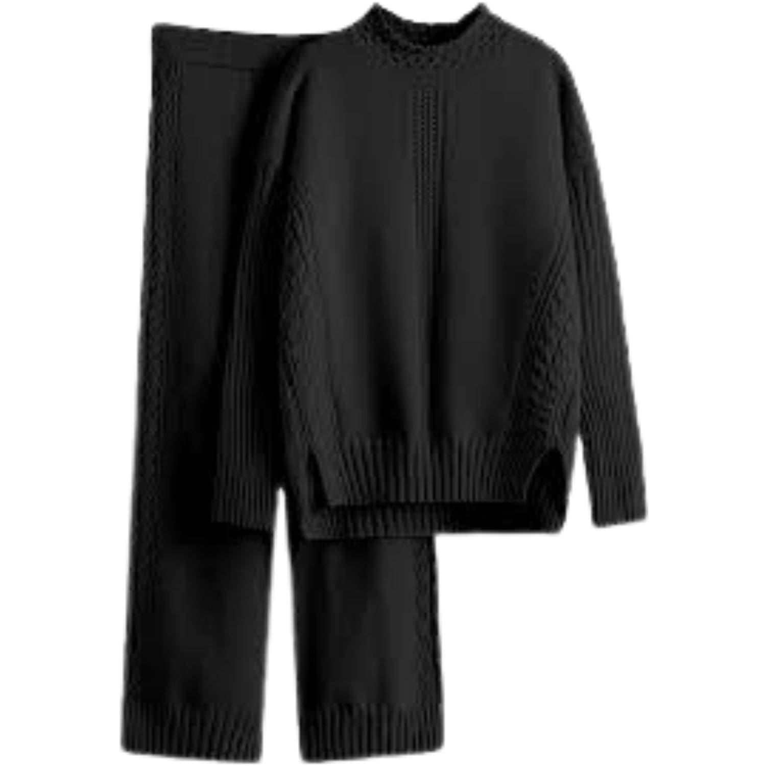 Women’s black knit two-piece loungewear set with long-sleeve sweater and matching pants, ribbed and cable-knit detailing.