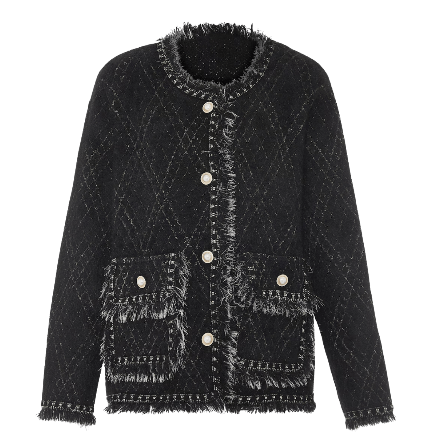 Black quilted tweed jacket with pearl buttons, frayed edges, and front patch pockets
