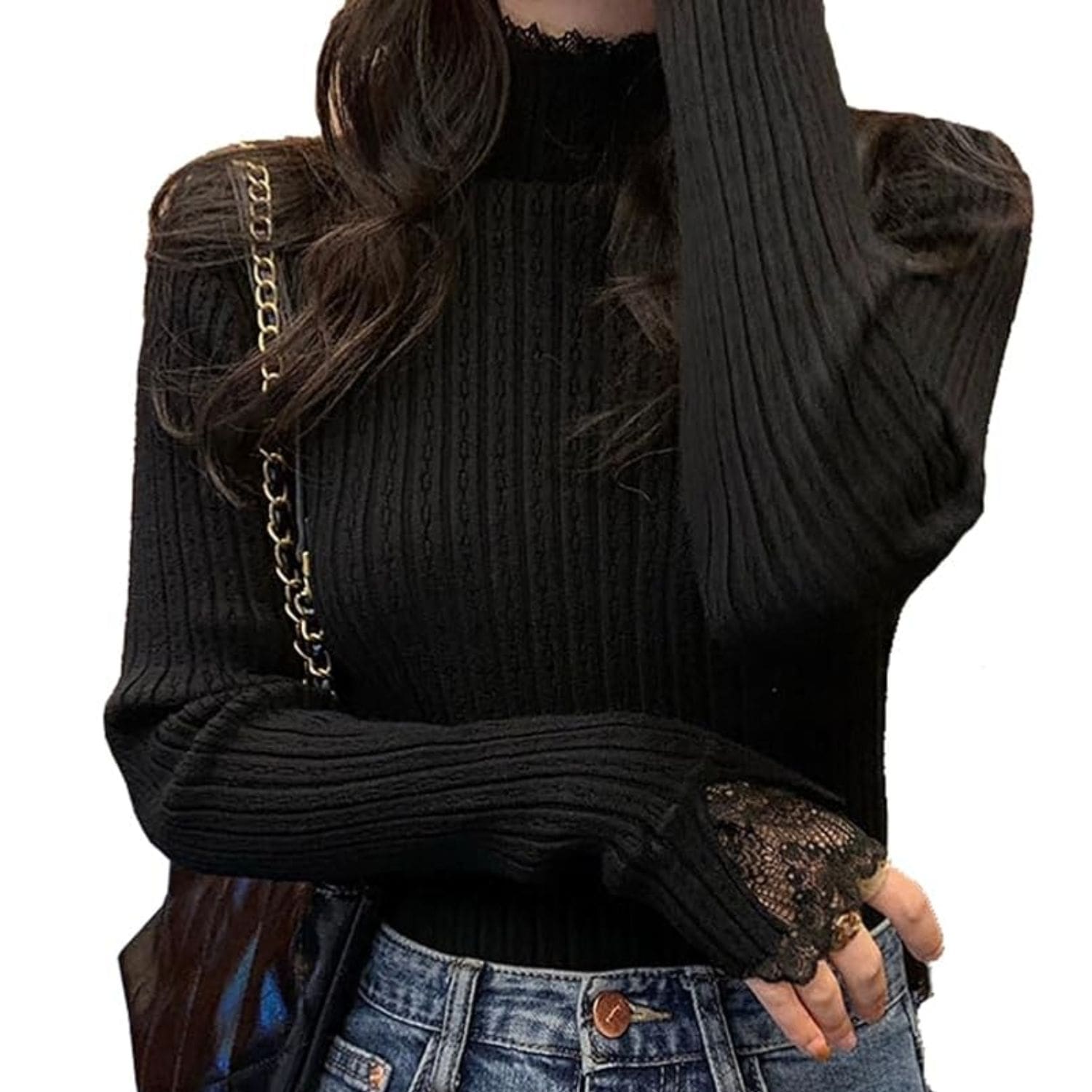 Women's black ribbed knit top with lace cuffs and high neckline, long sleeve elegant sweater