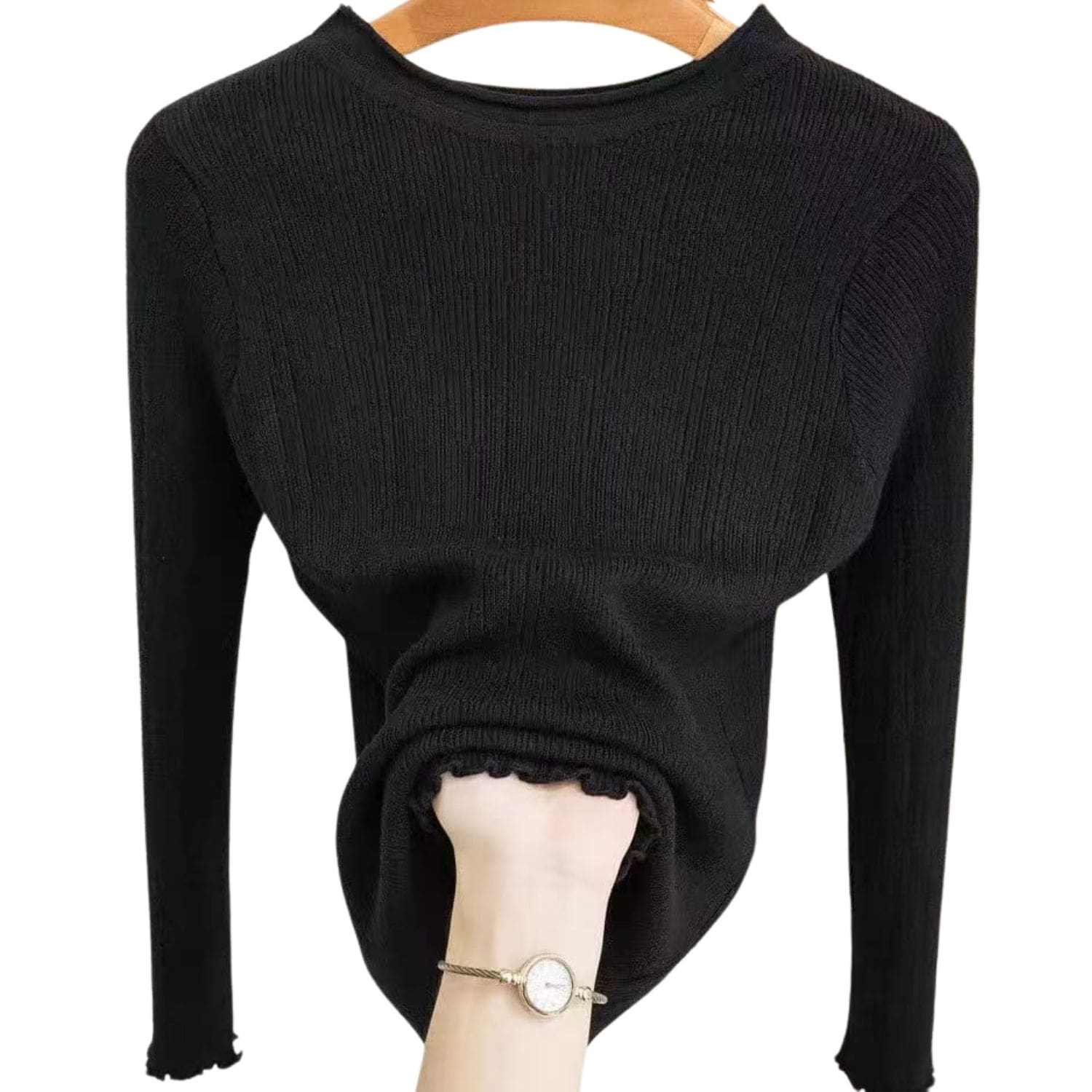 Black ribbed long sleeve top with frill cuffs, fitted soft knit women’s casual shirt