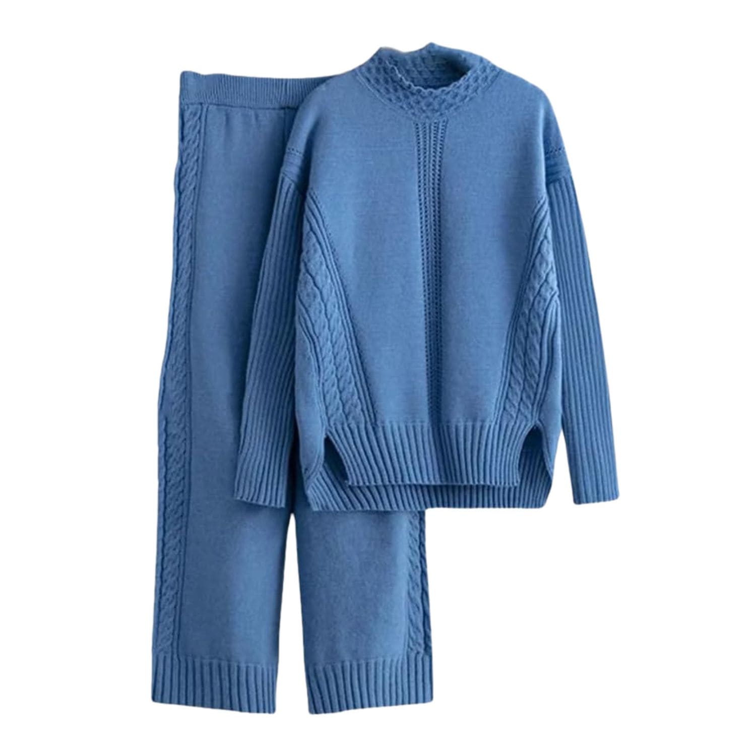 Women’s blue knit two-piece loungewear set with long-sleeve sweater and matching pants, cozy ribbed and cable-knit design.