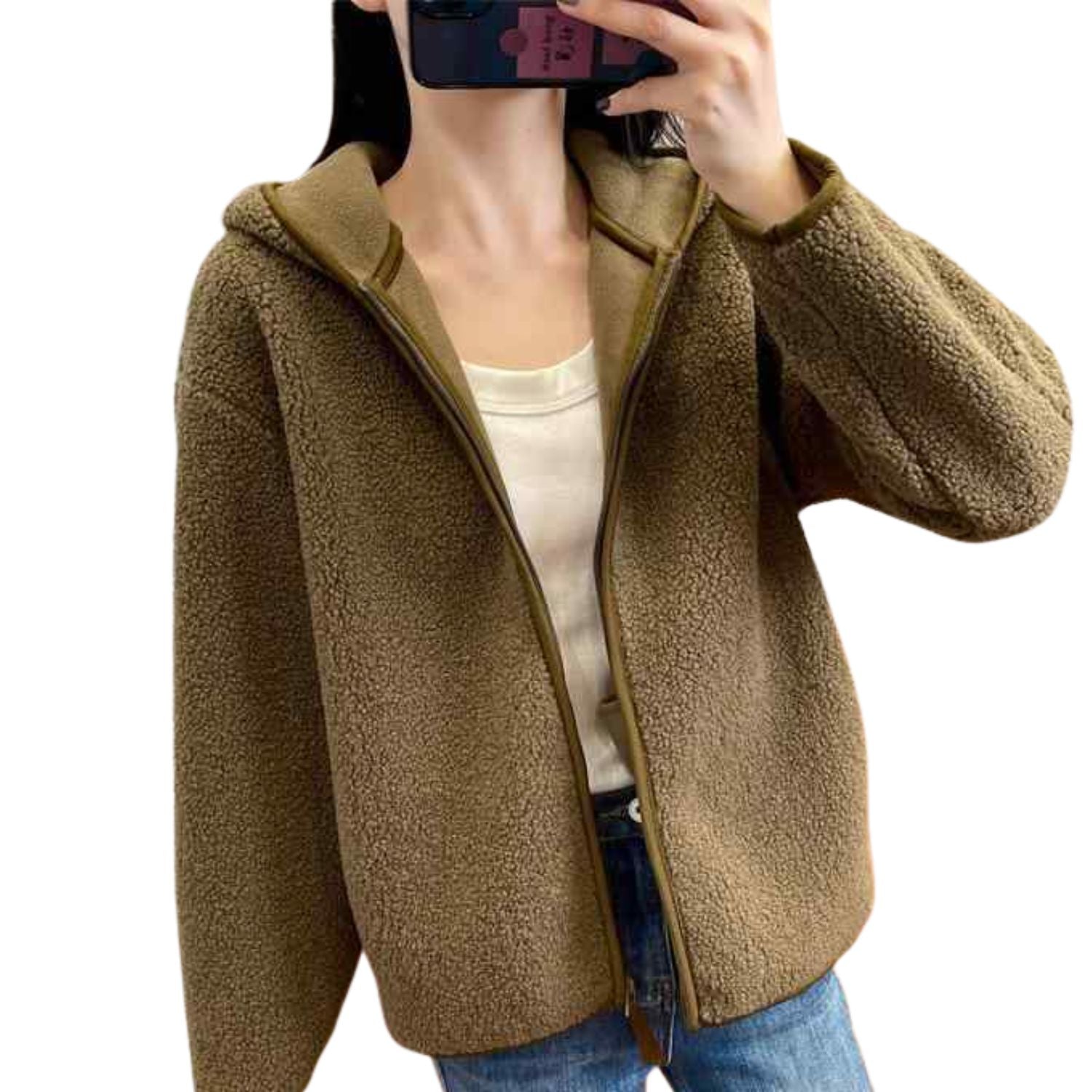 Women’s brown fleece zip-up jacket with hood and long sleeves.