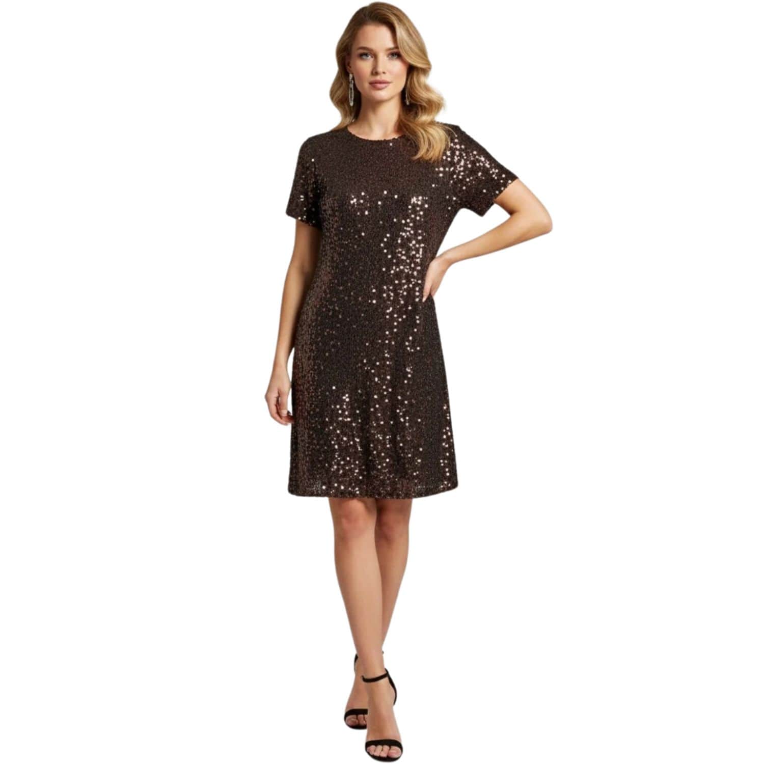 Women’s brown sequin short-sleeve midi dress, shown against a plain background.