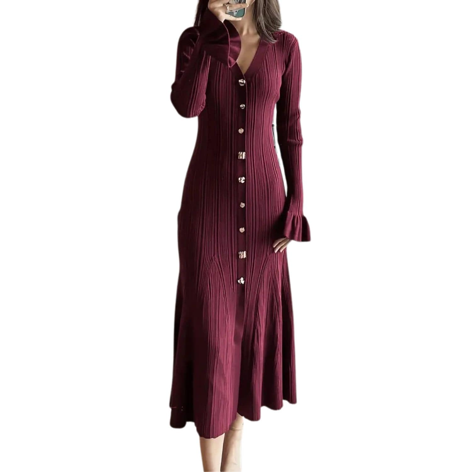 Women’s burgundy ribbed knit maxi dress with long sleeves and button-front design