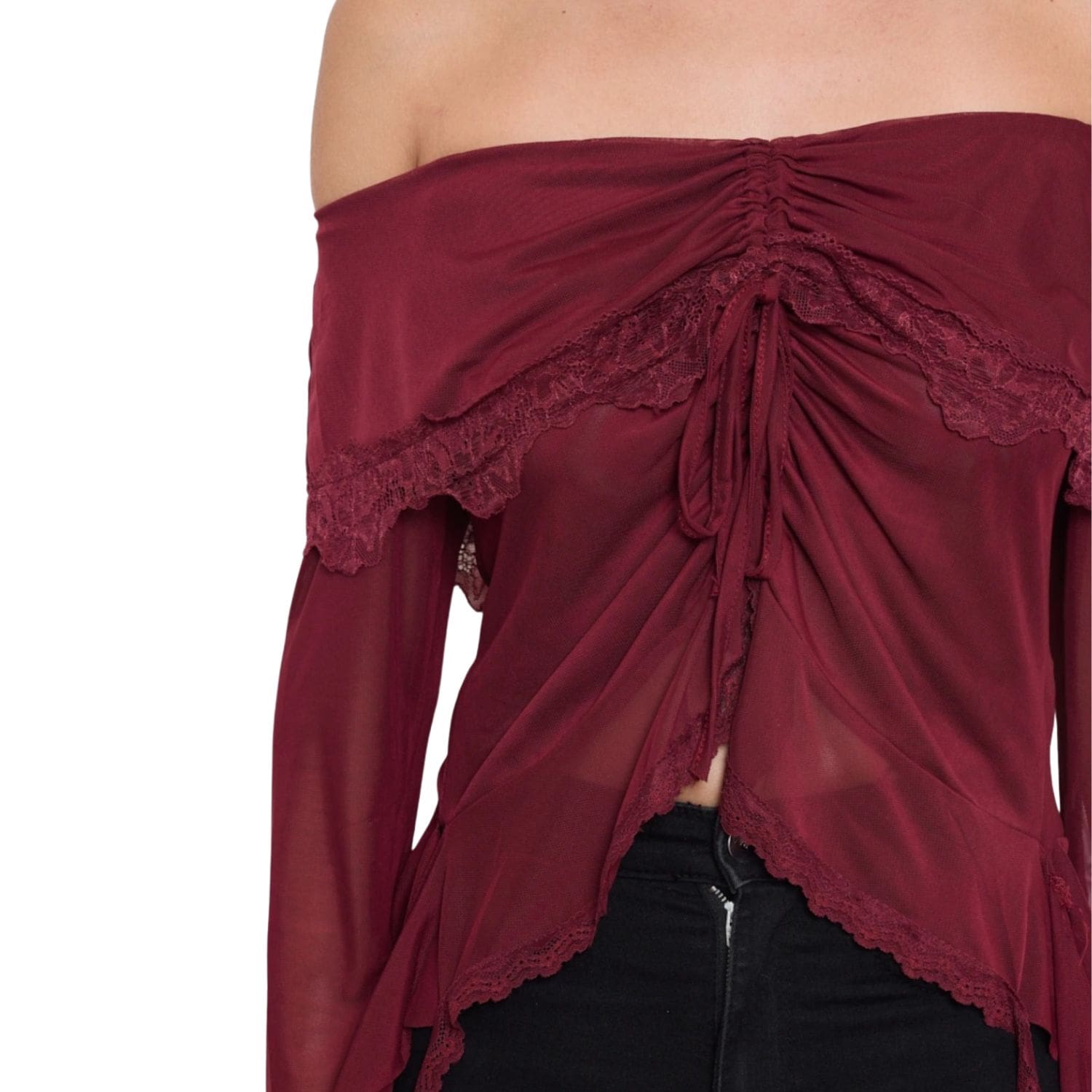 Close-up of burgundy off-shoulder ruched top with lace trim and sheer sleeves.