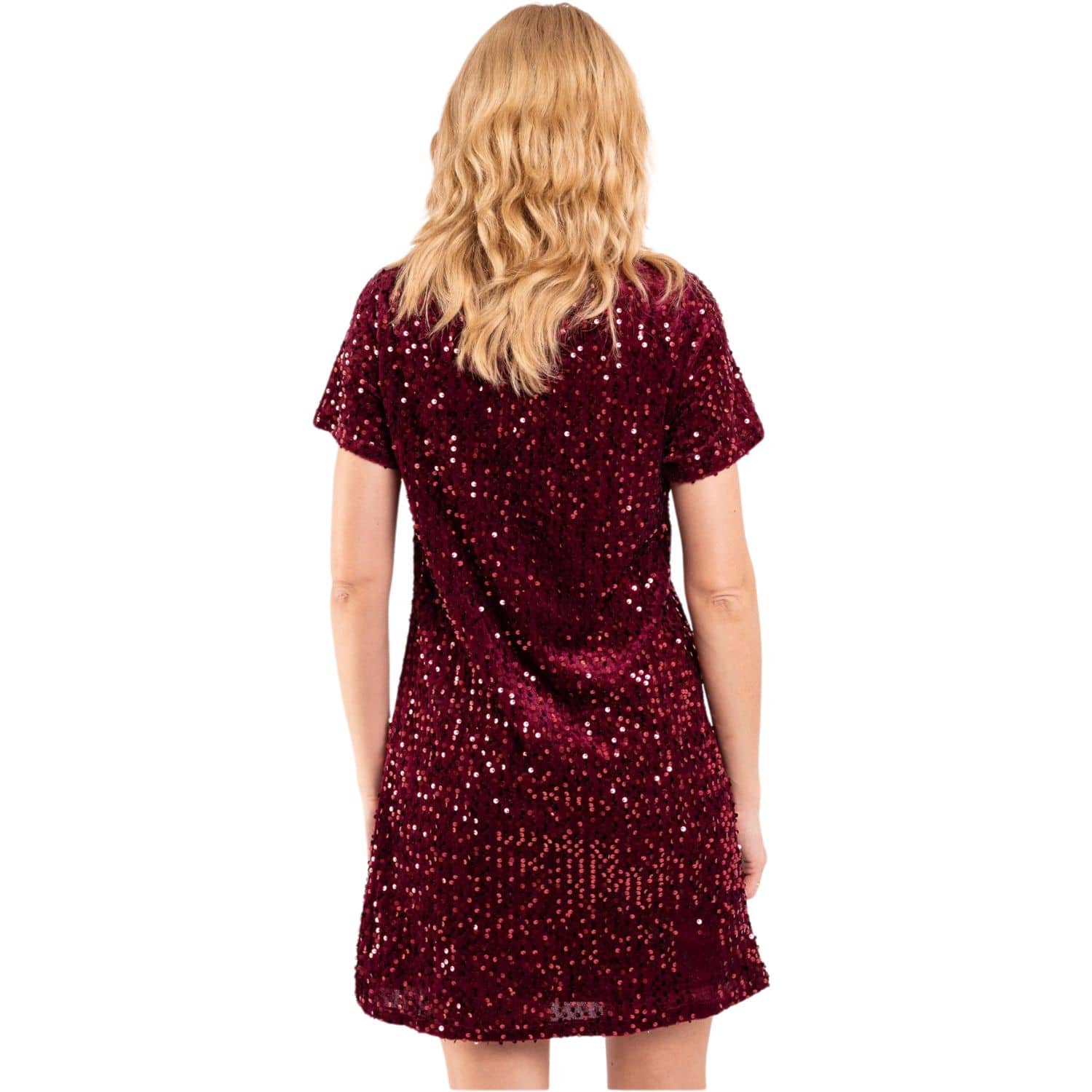 Back view of women’s burgundy sequin short-sleeve mini dress.