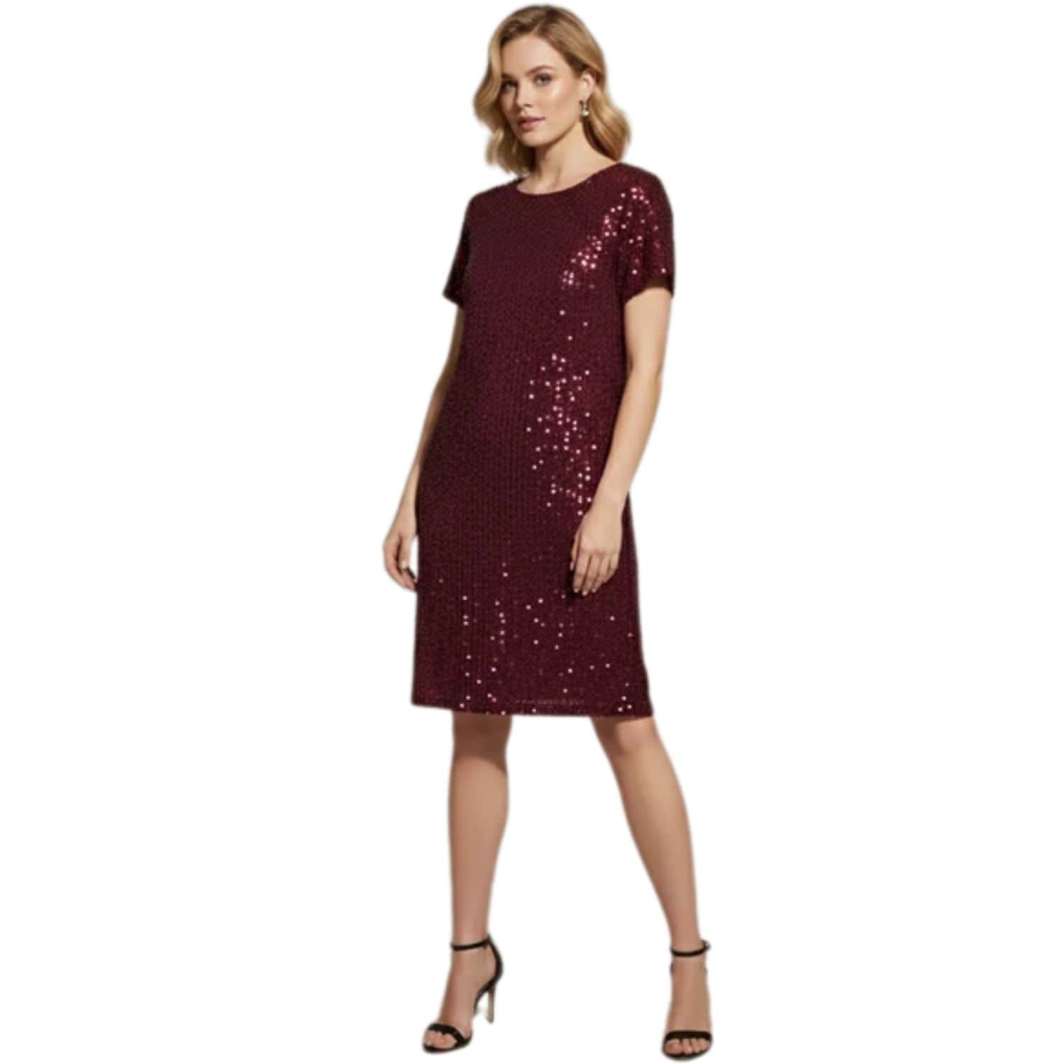 Women’s burgundy sequin short-sleeve midi dress, shown on a model against a plain background.