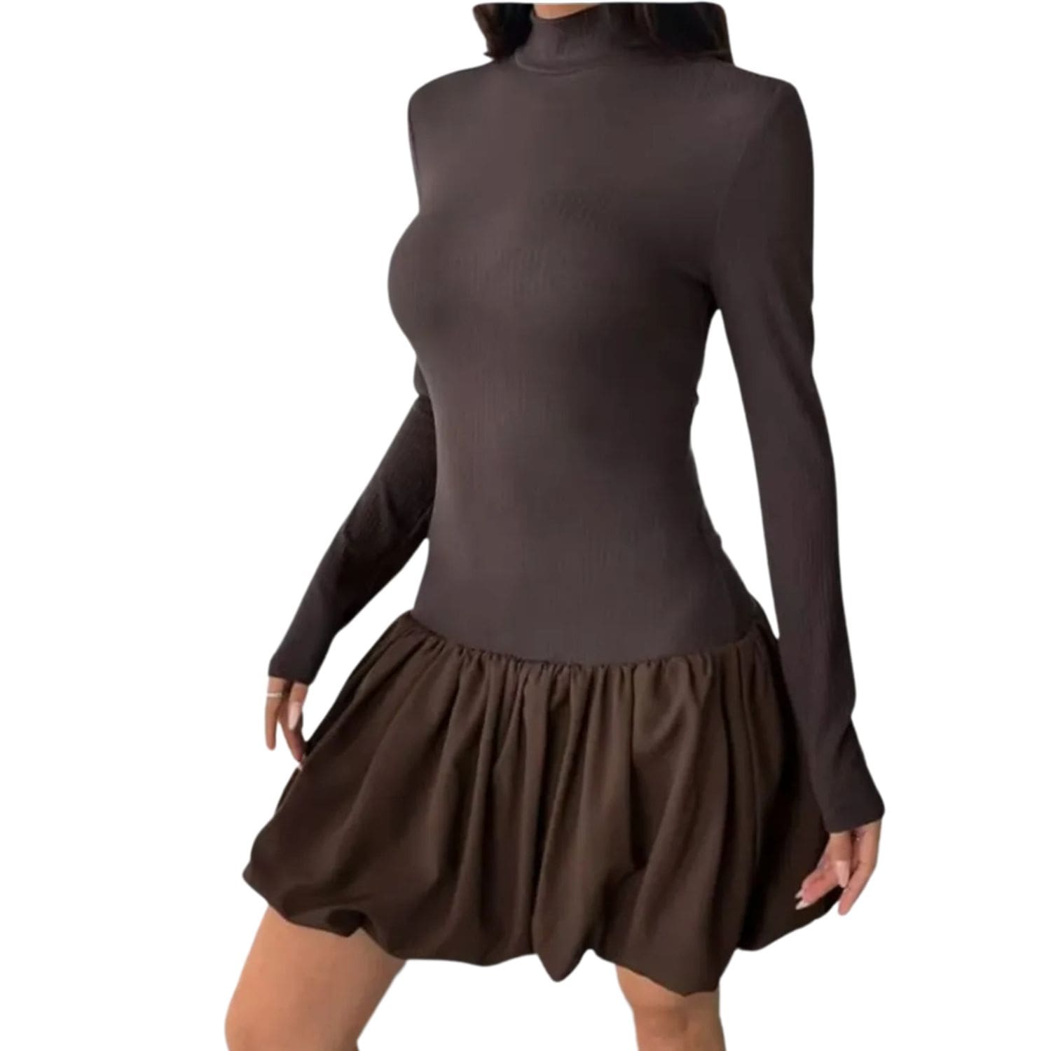 Women’s chocolate brown long-sleeve high neck dress with bubble hem skirt