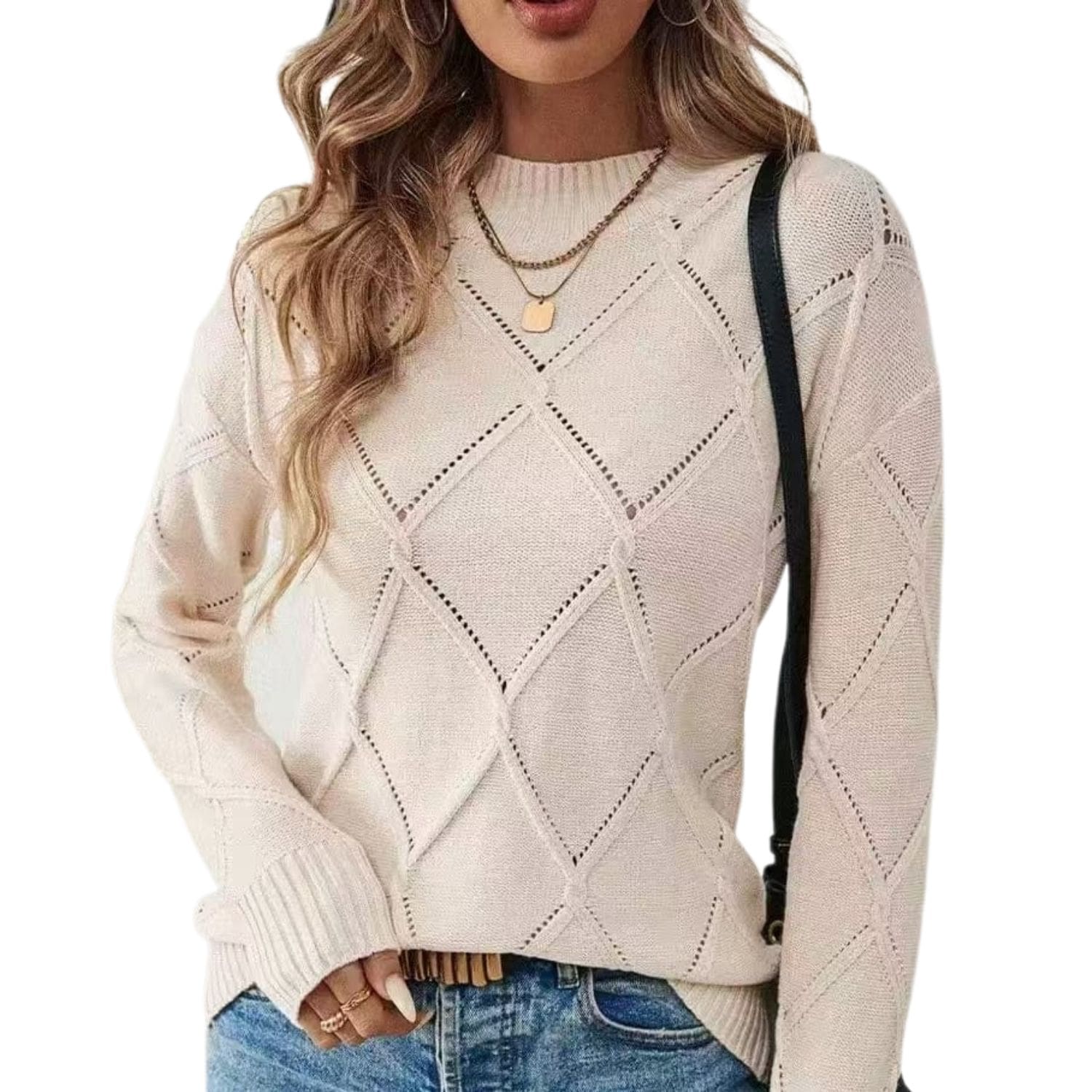 Classic Diamond Knit Pullover – Women’s Cozy Long Sleeve Winter Sweater