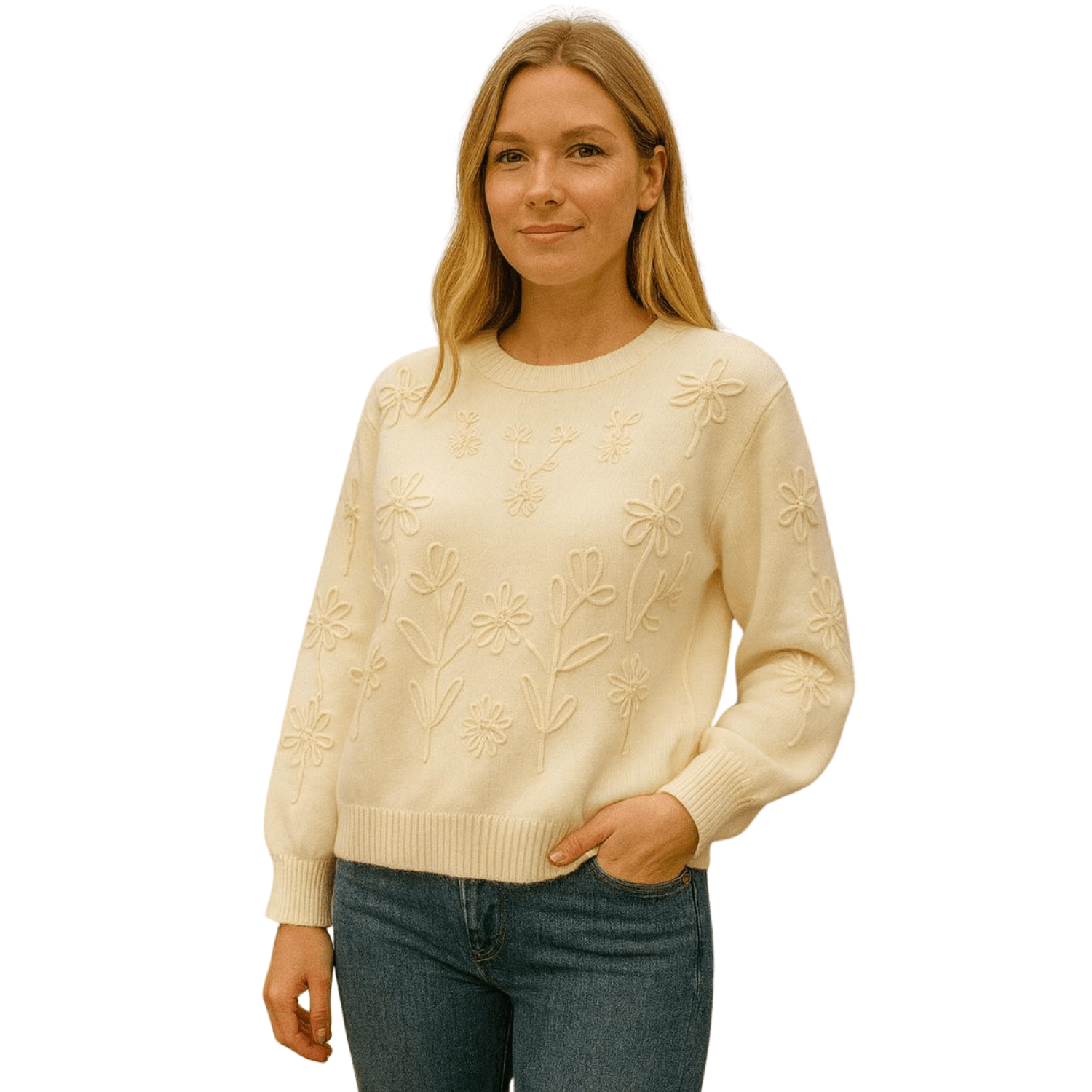 Woman wearing a cream knit sweater with raised floral embroidery detail, paired with blue jeans