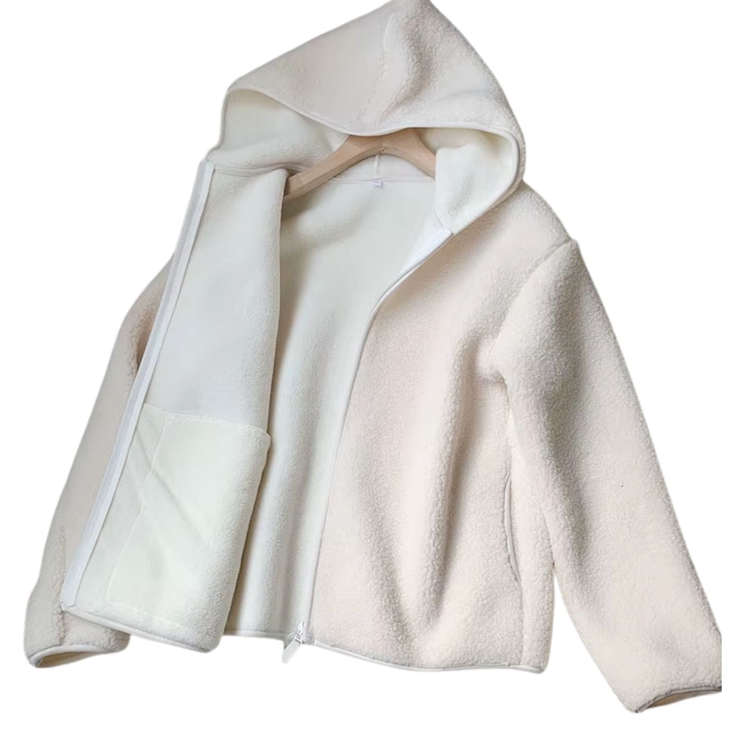 Women’s cream fleece zip-up hoodie with soft sherpa texture.