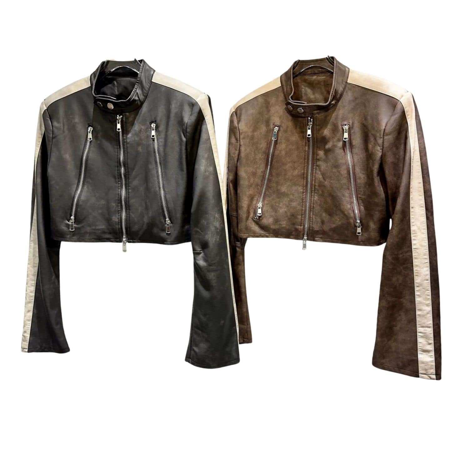 Women’s cropped leather jackets in black and brown with long striped sleeves and front zipper details.