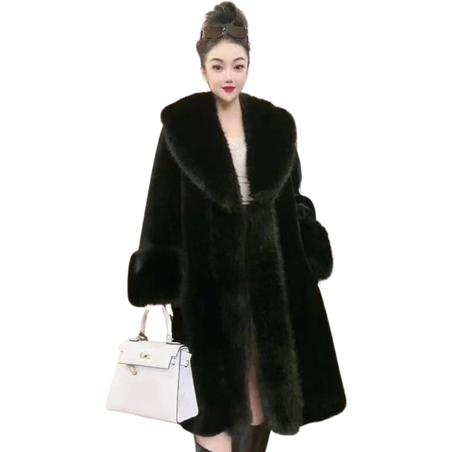 Woman wearing an elegant black faux fur coat with oversized collar and wide fur cuffs