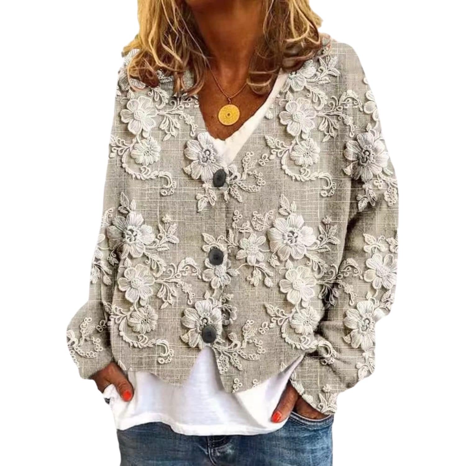 Women’s button-up cardigan with floral embroidery and long sleeves in a beige textured knit.