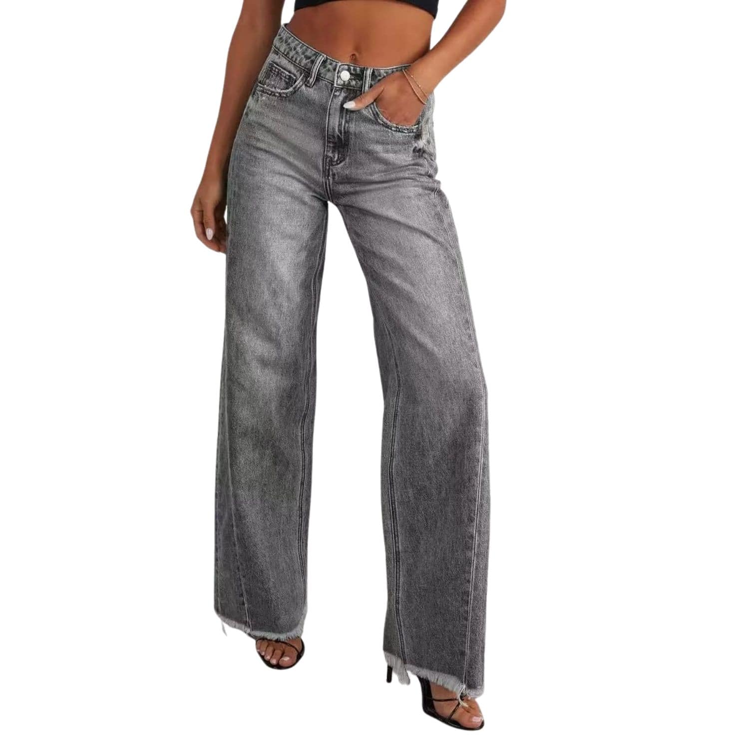 Women’s high-waisted gray wide-leg denim jeans with raw hem