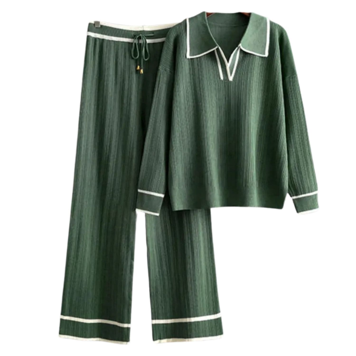 Green ribbed knit two-piece lounge set with long-sleeve top and wide-leg pants featuring white contrast trim