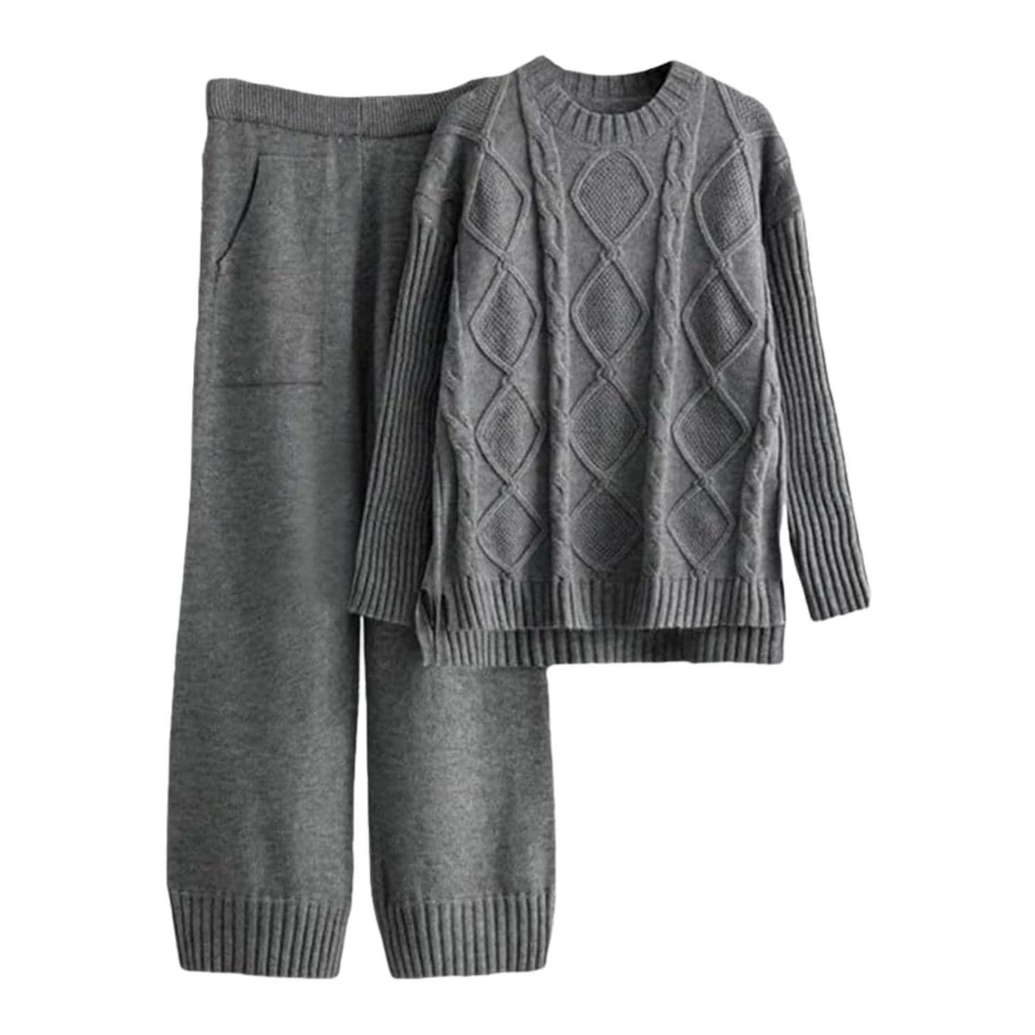 Women’s grey knit loungewear set with a cable-knit sweater and matching relaxed-fit pants.