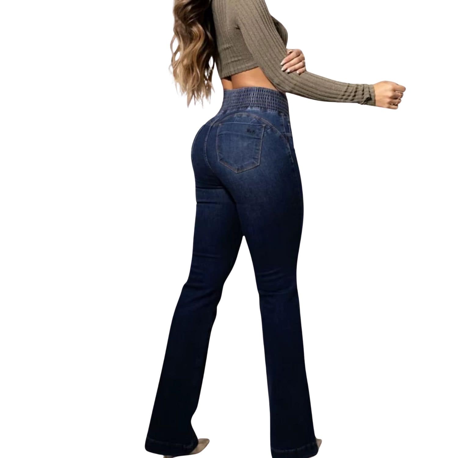 Back view of women’s high-waisted dark wash flare jeans made from stretch denim.