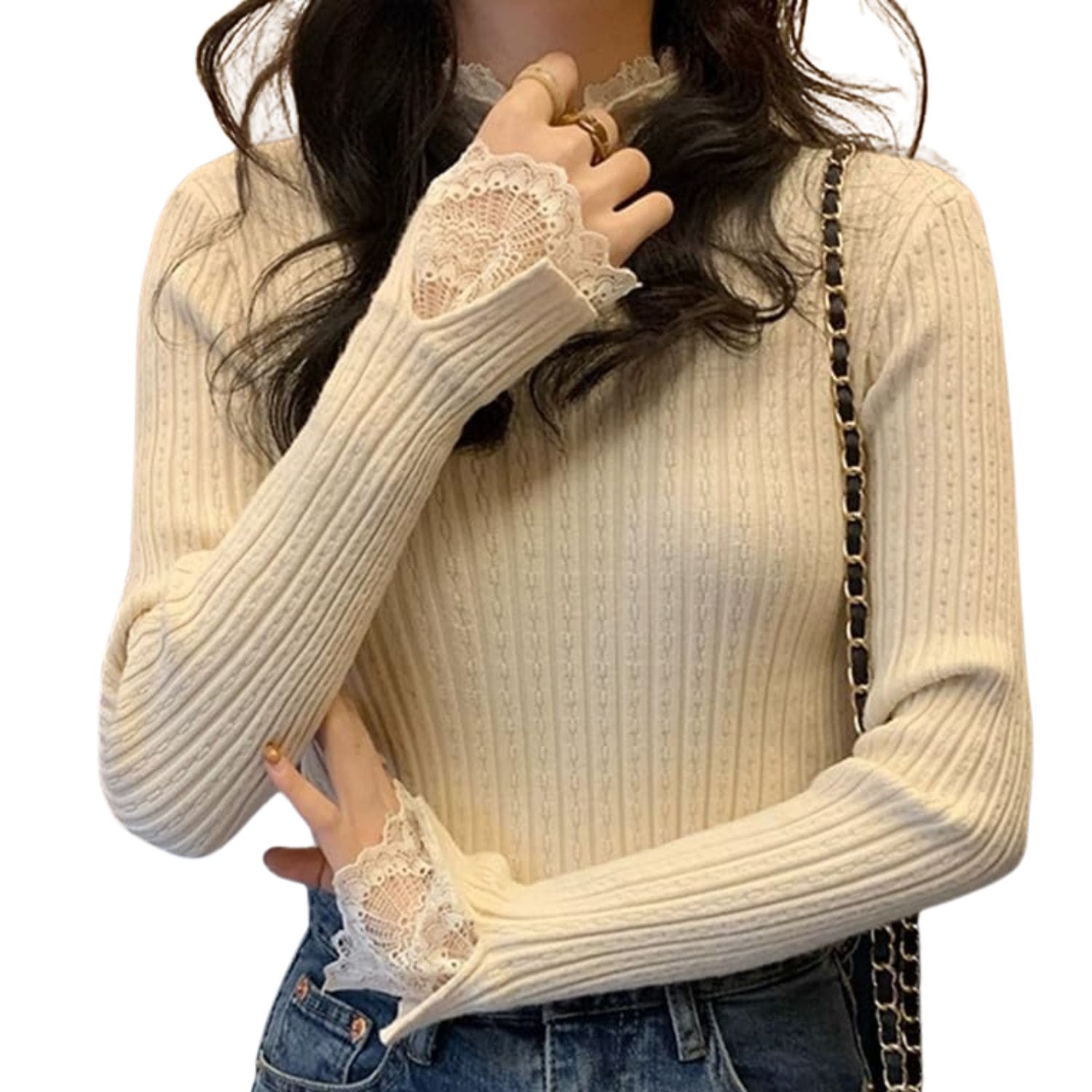 Women’s cream ribbed knit top with V-neck lace trim and long sleeves.