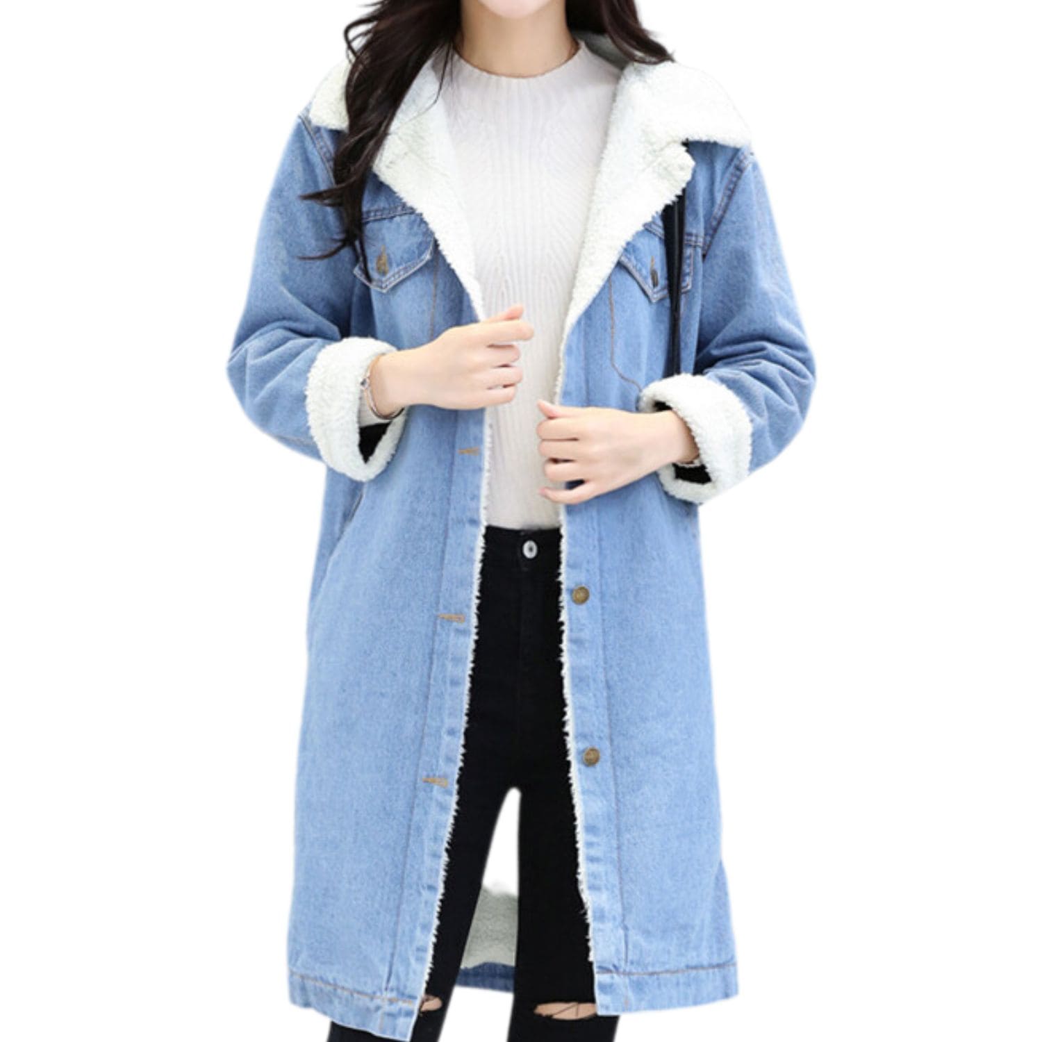 Women’s Long Sherpa-Lined Denim Coat – Warm Fleece Winter Jean Jacket