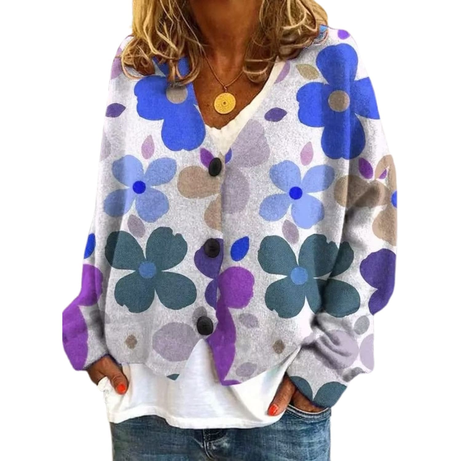 Multicolor floral button-up cardigan with long sleeves, soft women’s casual knit sweater.