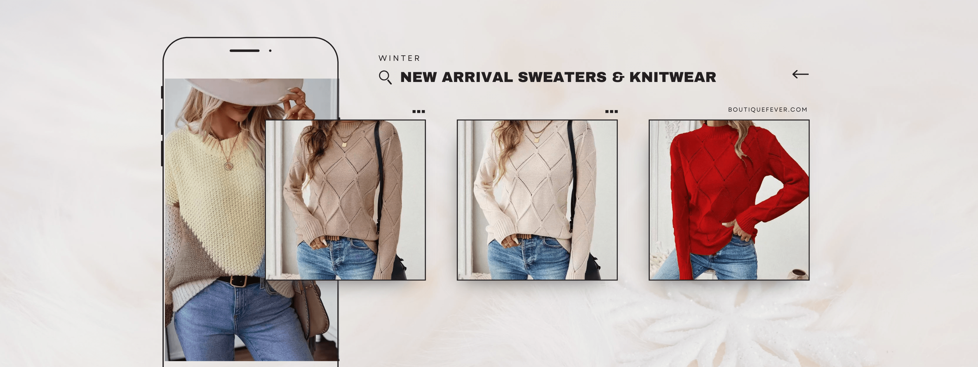 Promotional winter banner featuring women’s knit sweaters in various colors, highlighting the new arrival sweaters and knitwear collection at Boutique Fever.