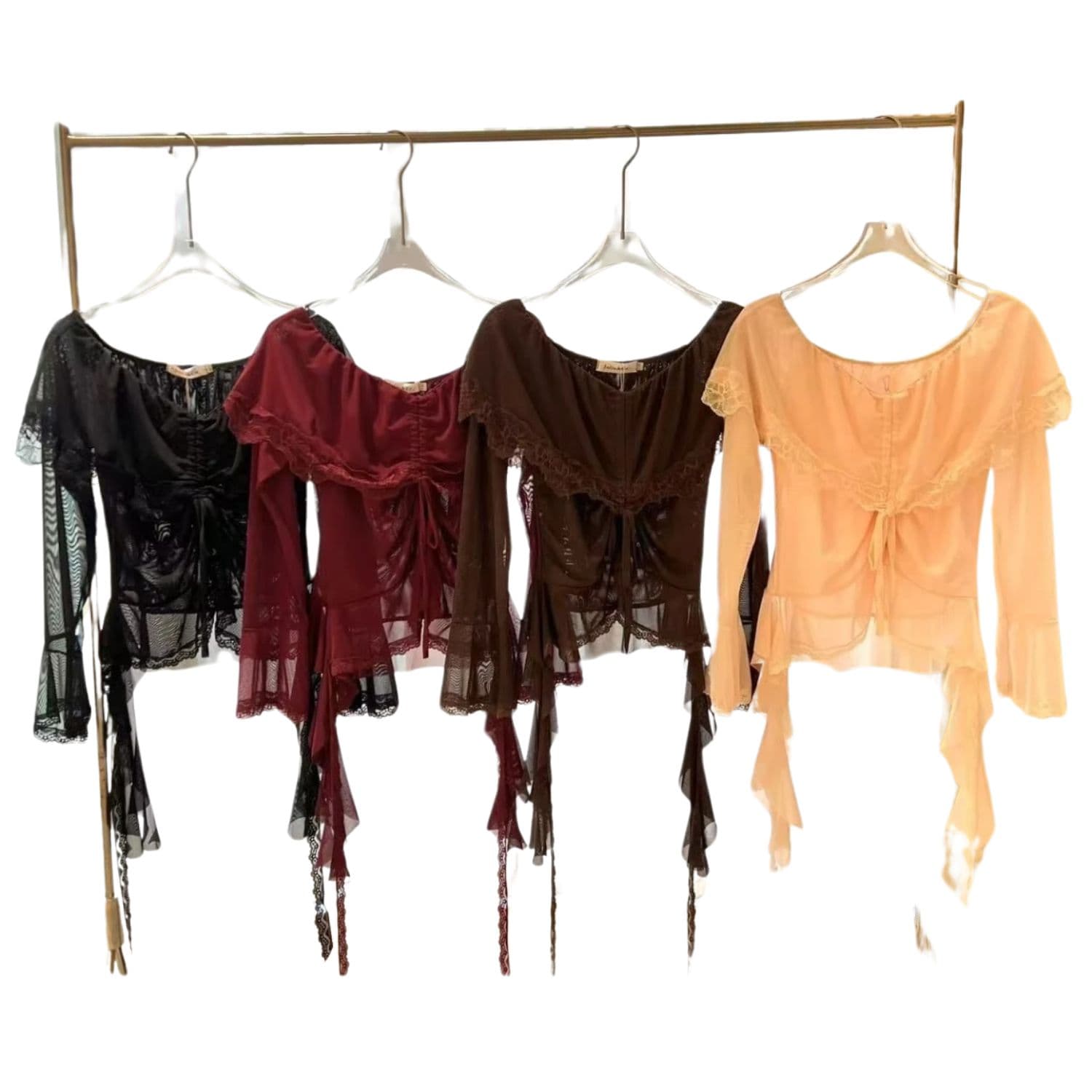 Off-shoulder lace ruched tops in black, burgundy, brown, and peach hanging on a rack