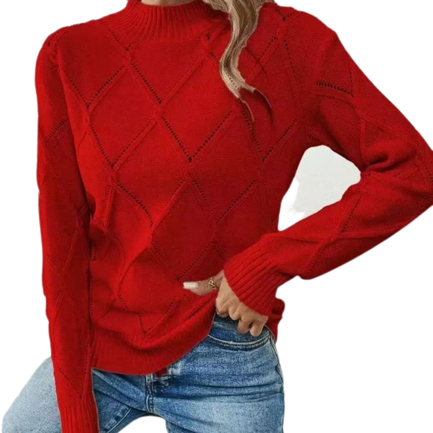 Red diamond-pattern knit sweater with long sleeves, cozy women’s winter pullover.