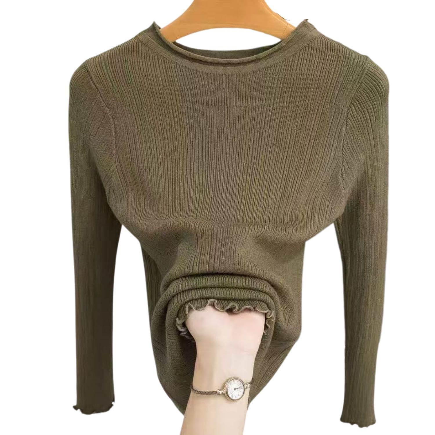 Women's olive ribbed knit long sleeve top with stretch fabric and lettuce trim