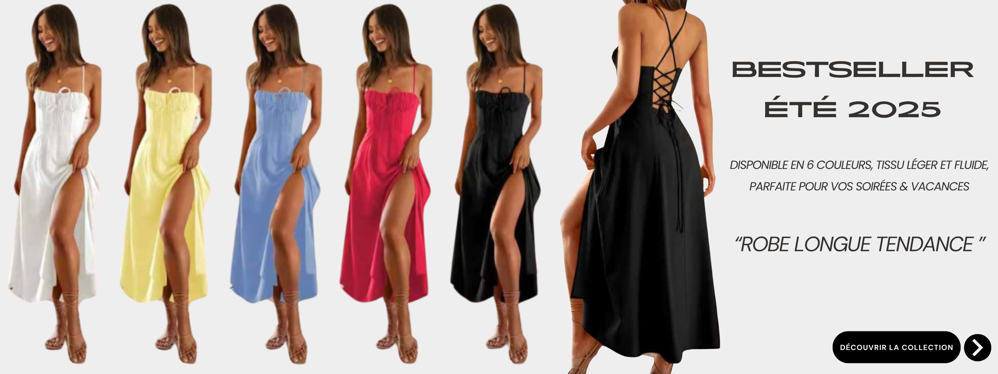 Robe longue tendance été 2025 – disponible en 6 couleurs, tissu fluide avec fente, parfaite pour les soirées et les vacances, best-seller Boutique Fever.